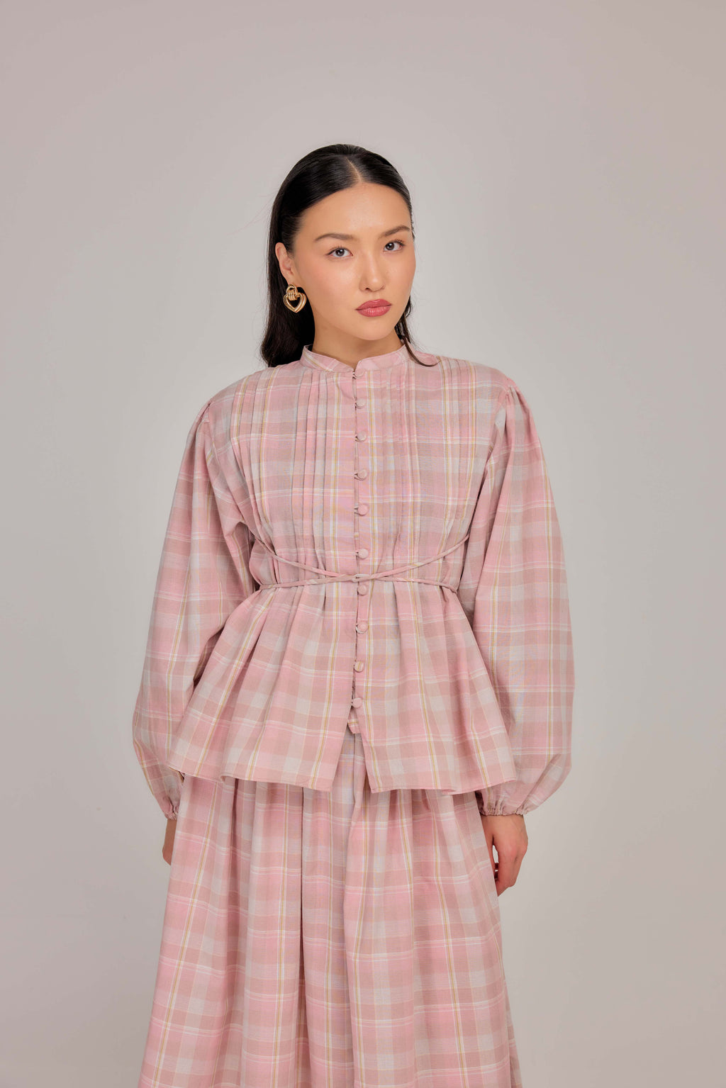 01 - Pink Nougat - Pleated Bell-Sleeved Cotton Tie Waist Top