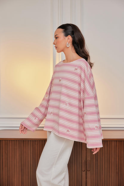 Striped Embroidered Cotton Relaxed Reversible Tee
