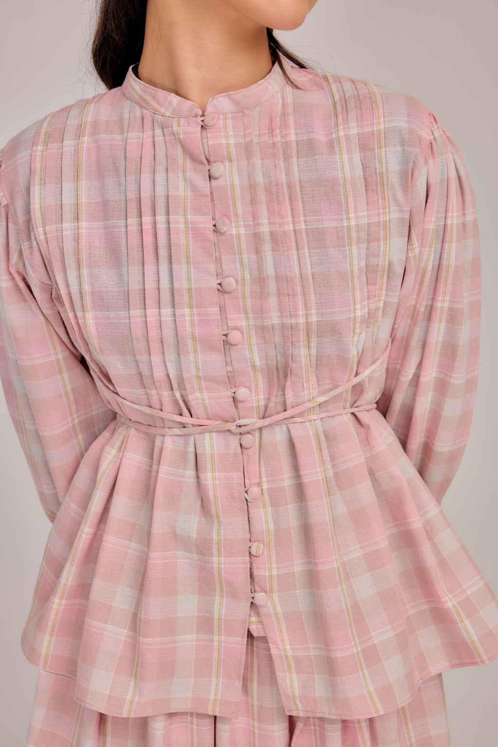 01 - Pink Nougat - Pleated Bell-Sleeved Cotton Tie Waist Top