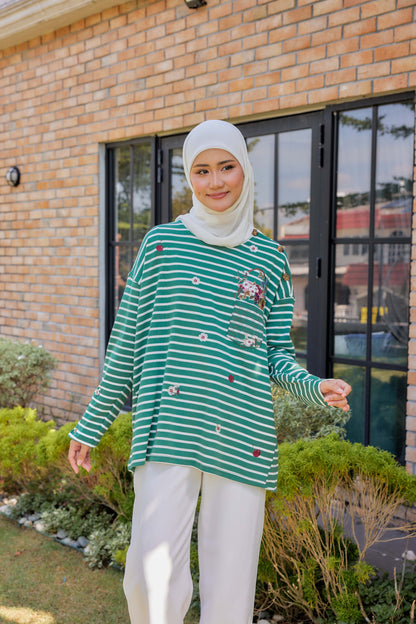 [PREORDER] Fleuriste Embroidered Cotton Tee with Signature Buttons — Emerald Stripes