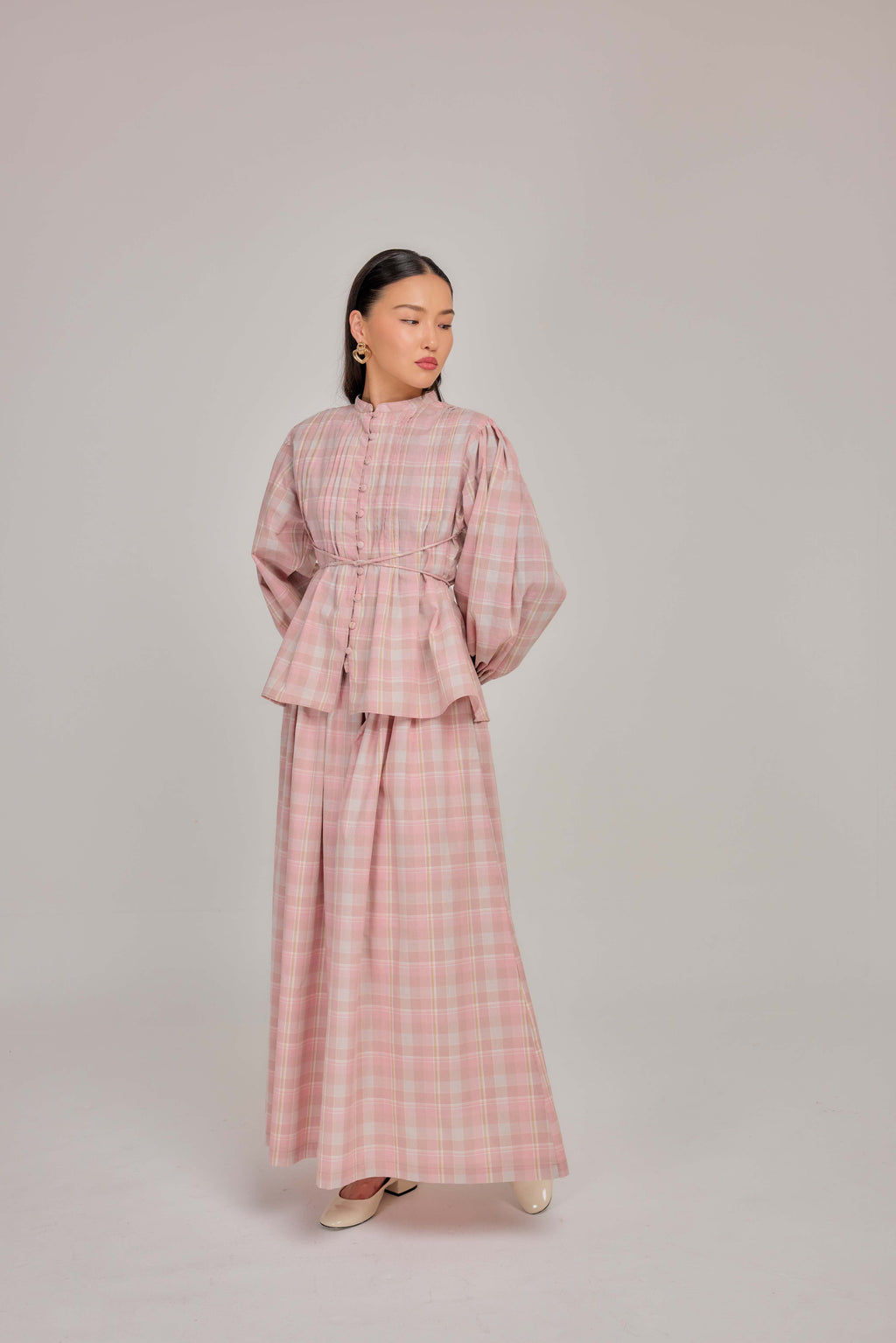 01 - Pink Nougat - Pleated Bell-Sleeved Cotton Tie Waist Top
