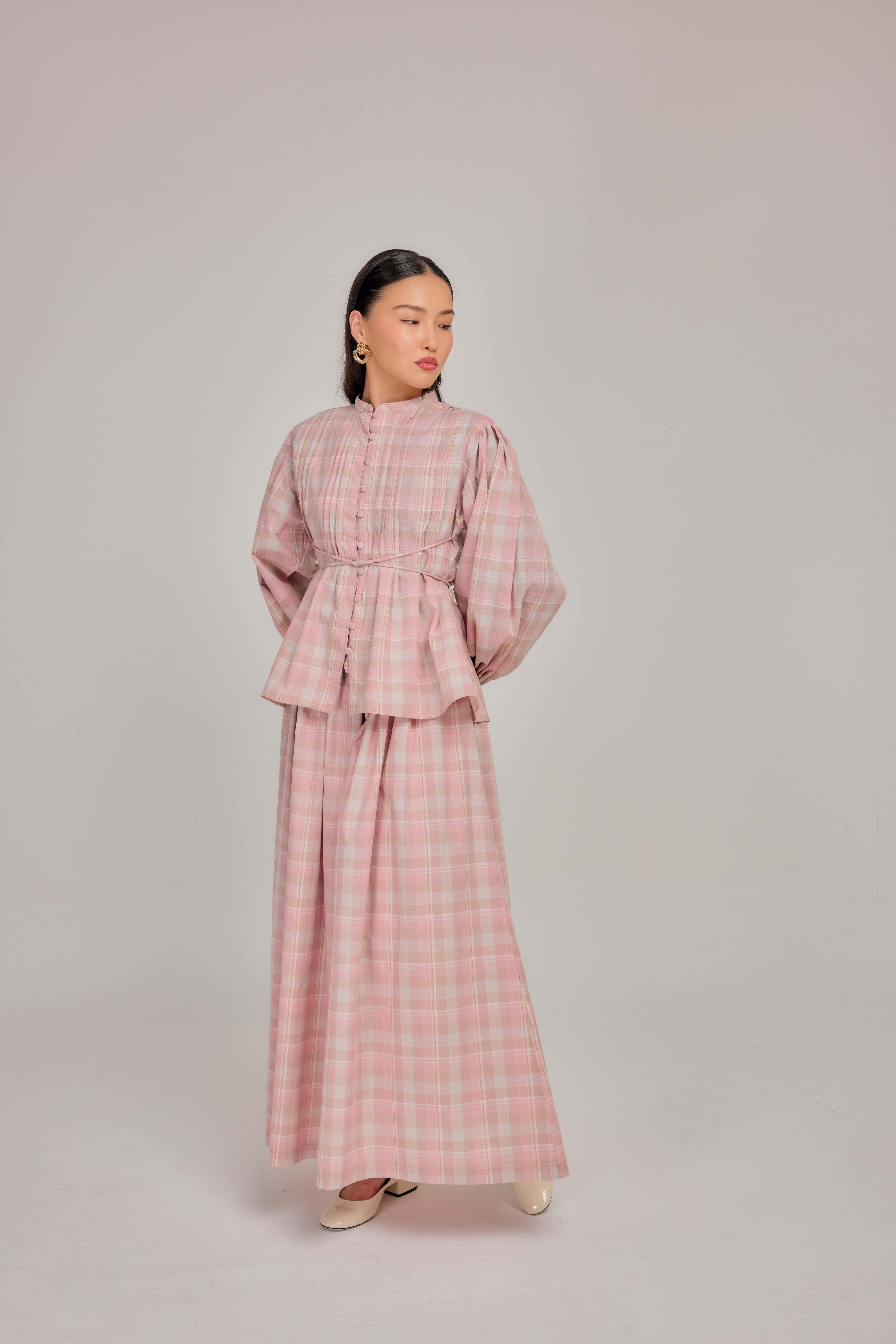 01 - Pink Nougat - Pleated Bell-Sleeved Cotton Tie Waist Top