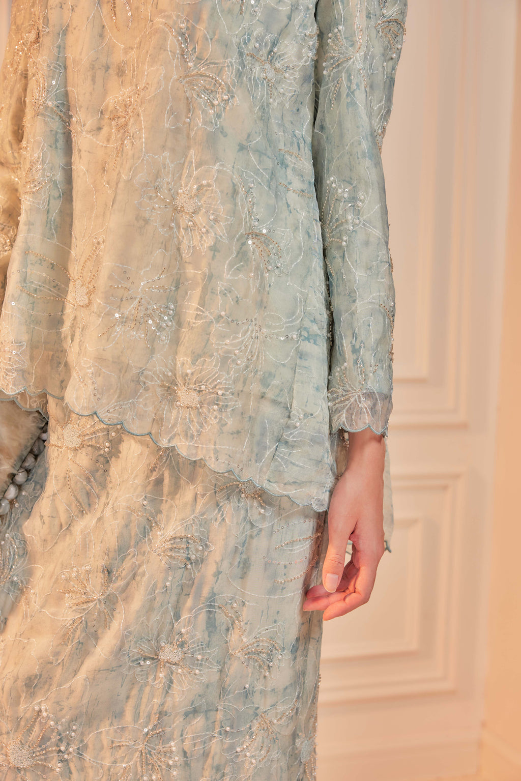 Ash Teal - Nona Pearl Beaded Embellished Kurung (Fully Lined)