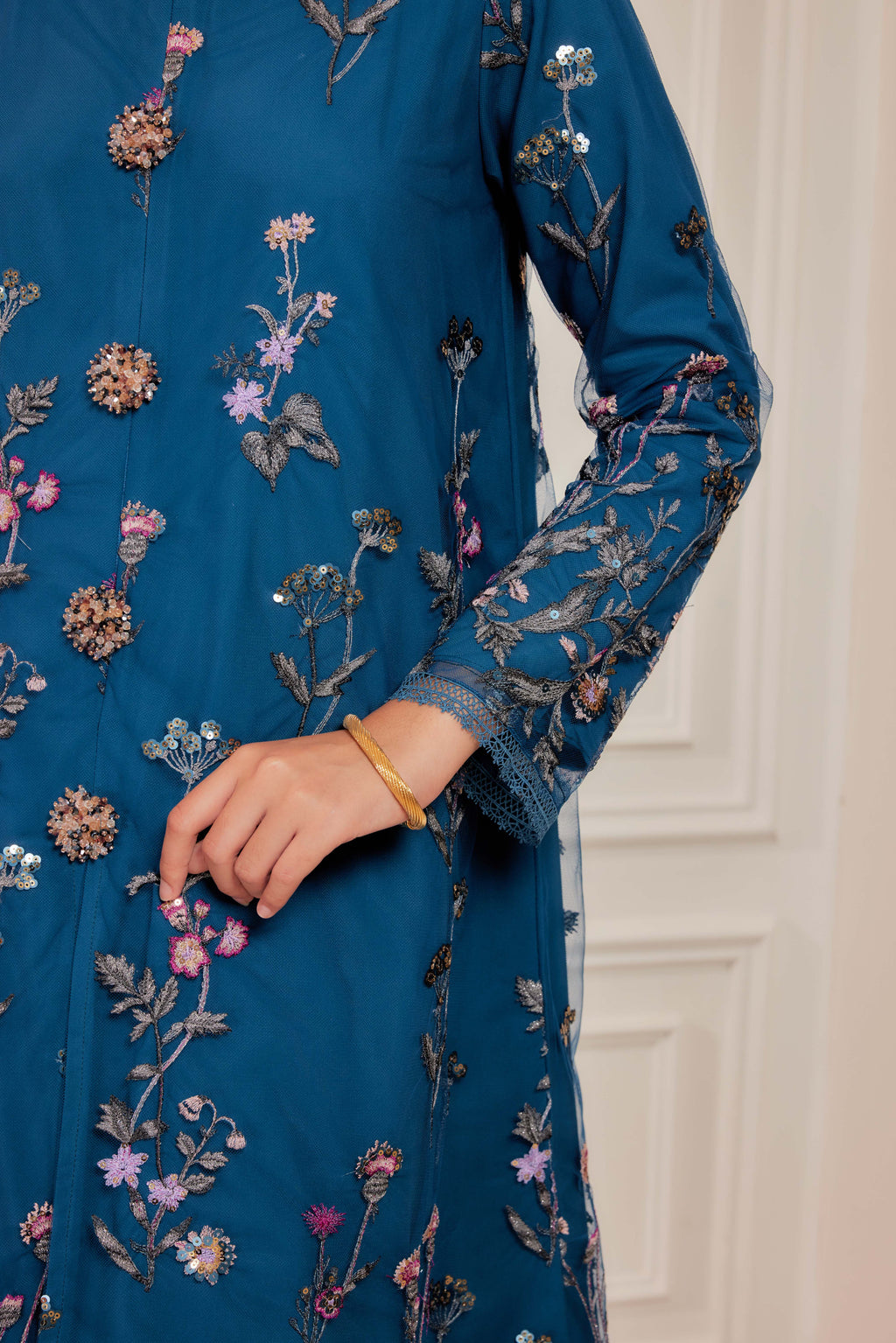 Teal Blue - Dian Embellished Kebarung with Embroidery Lace Trim  [PREORDER MID FEB]