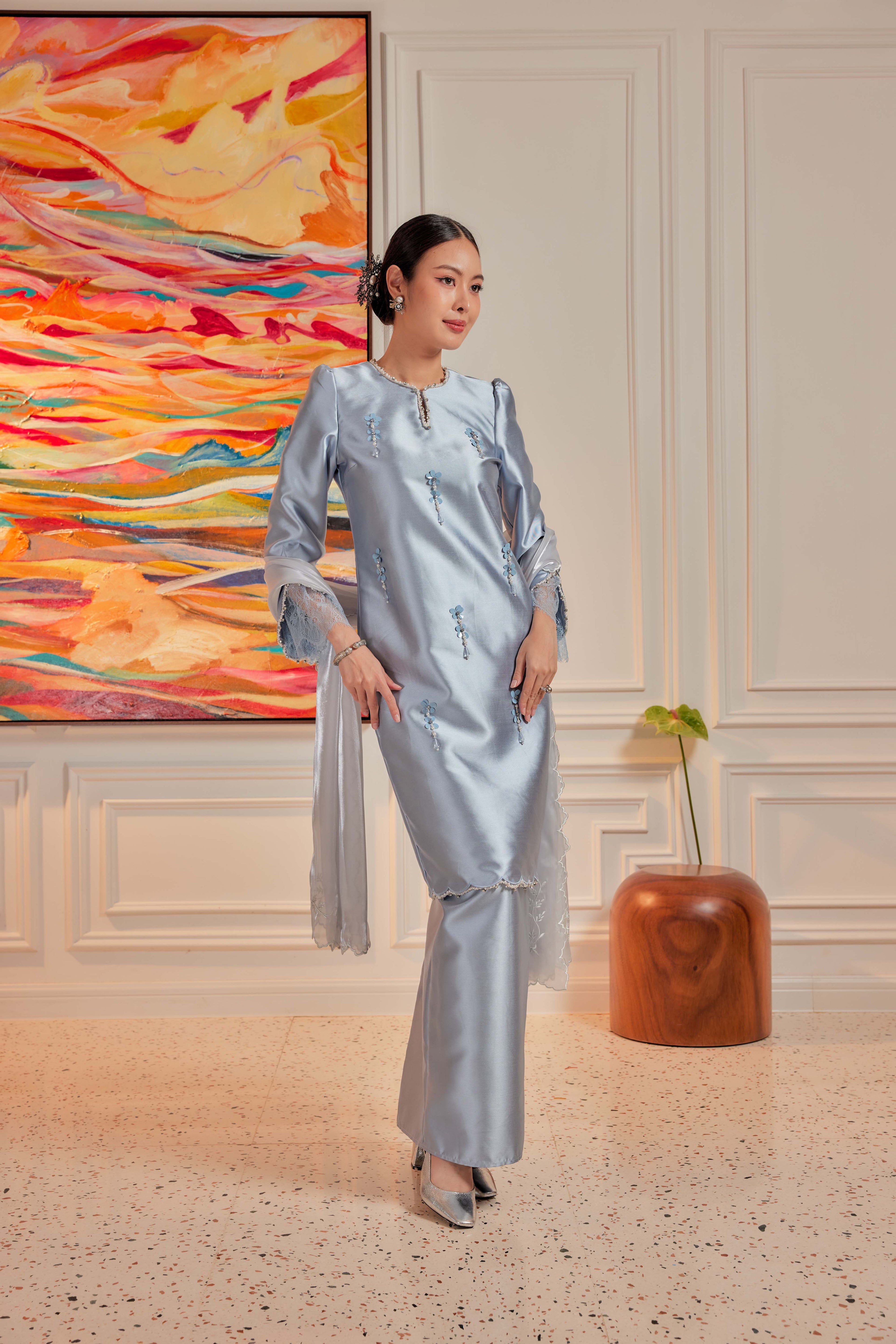 Ash Blue - Ratu Embellished Kurung (Fully Lined)