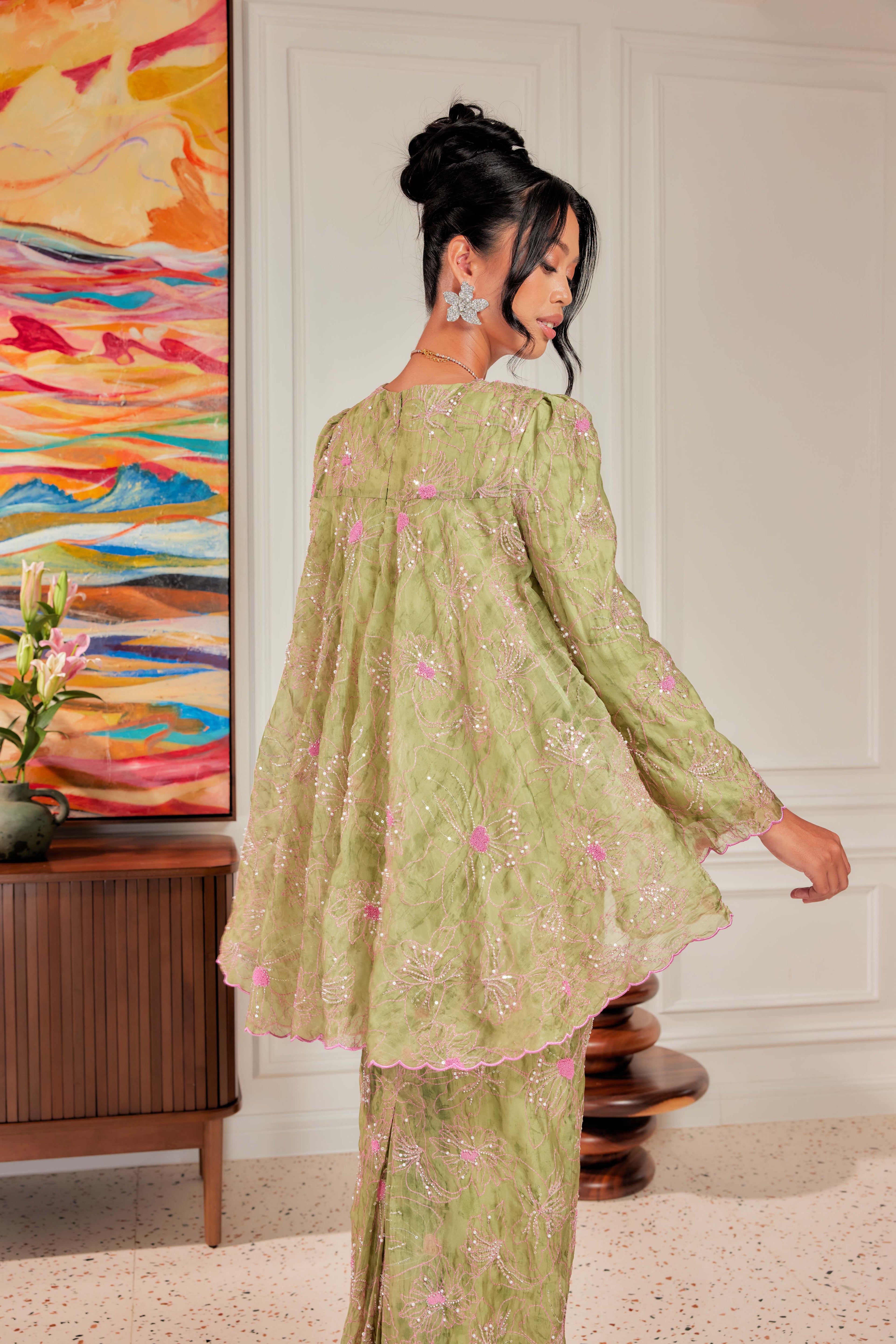 Strawberry Matcha - Nona Pearl Beaded Embellished Kurung (Fully Lined)