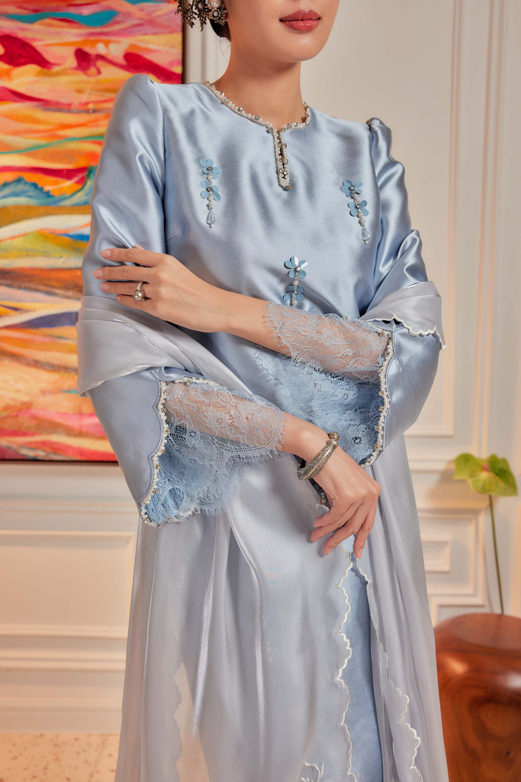 Ash Blue - Ratu Embellished Kurung (Fully Lined)