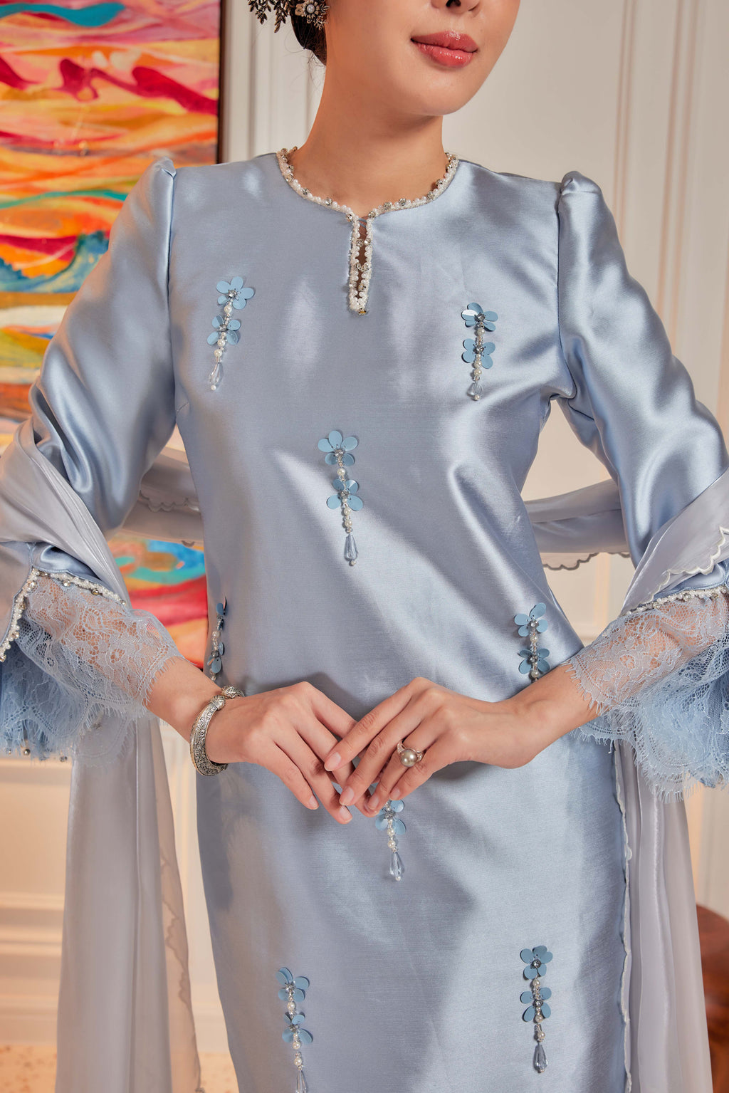 Ash Blue - Ratu Embellished Kurung (Fully Lined)