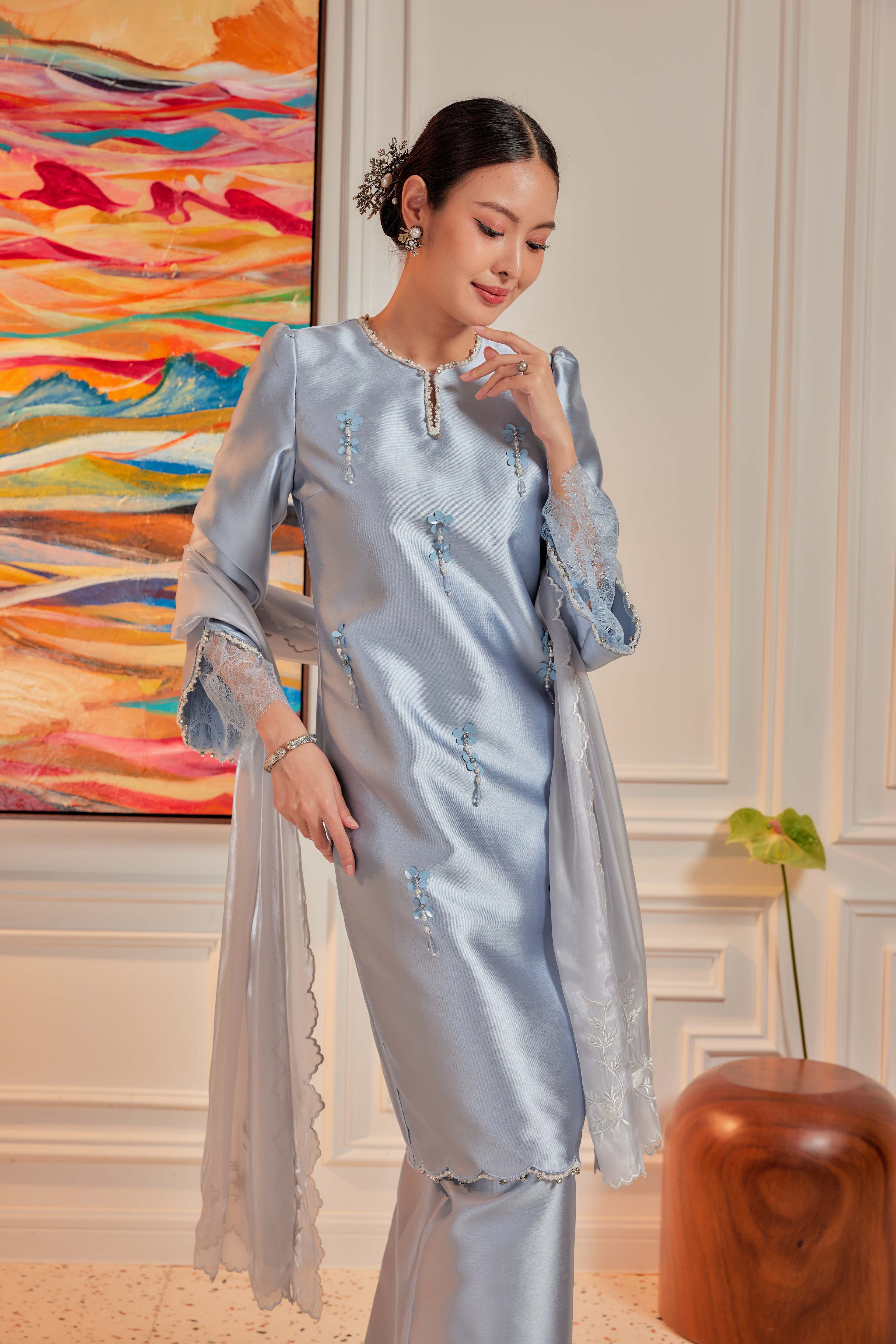Ash Blue - Ratu Embellished Kurung (Fully Lined)