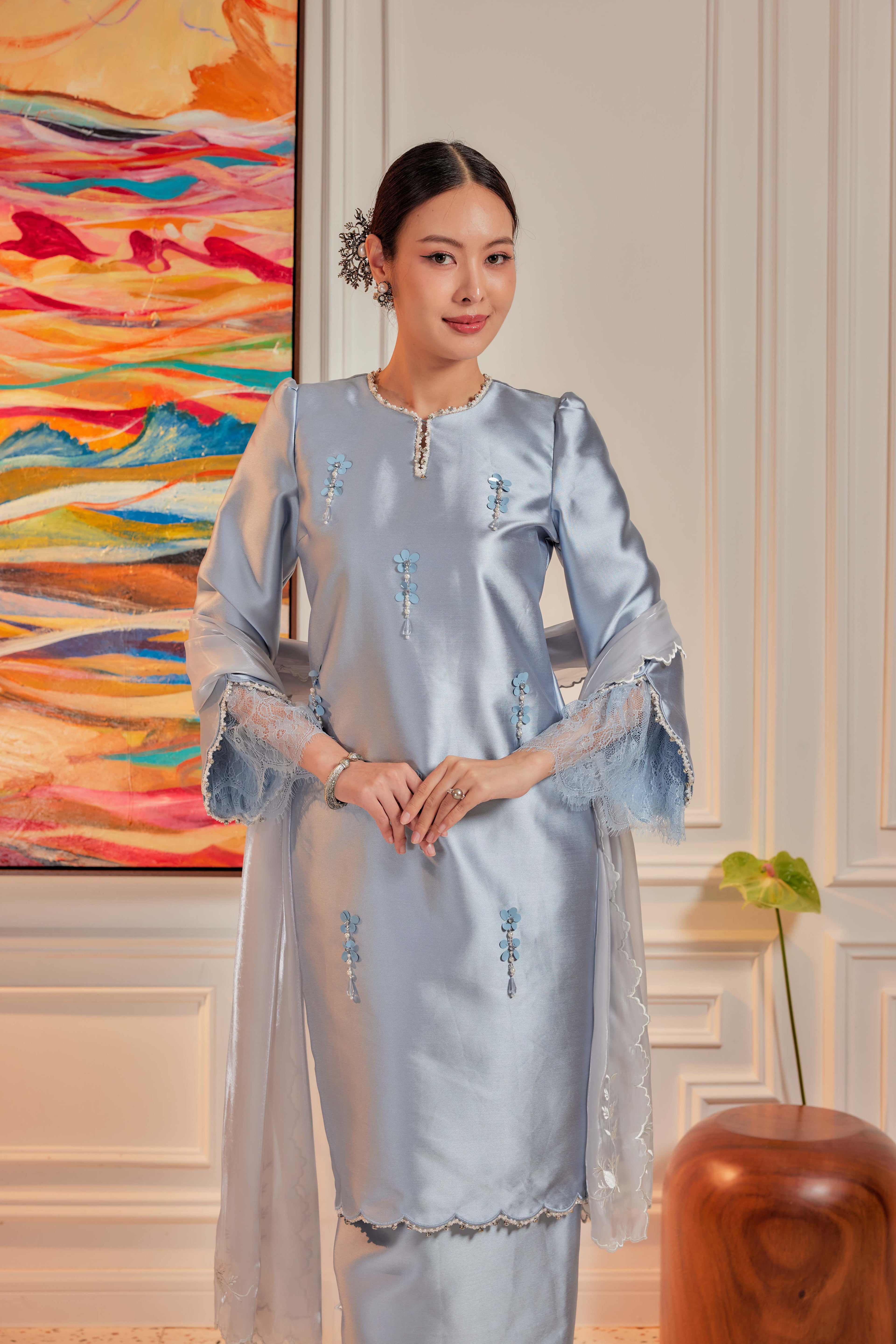 Ash Blue - Ratu Embellished Kurung (Fully Lined)