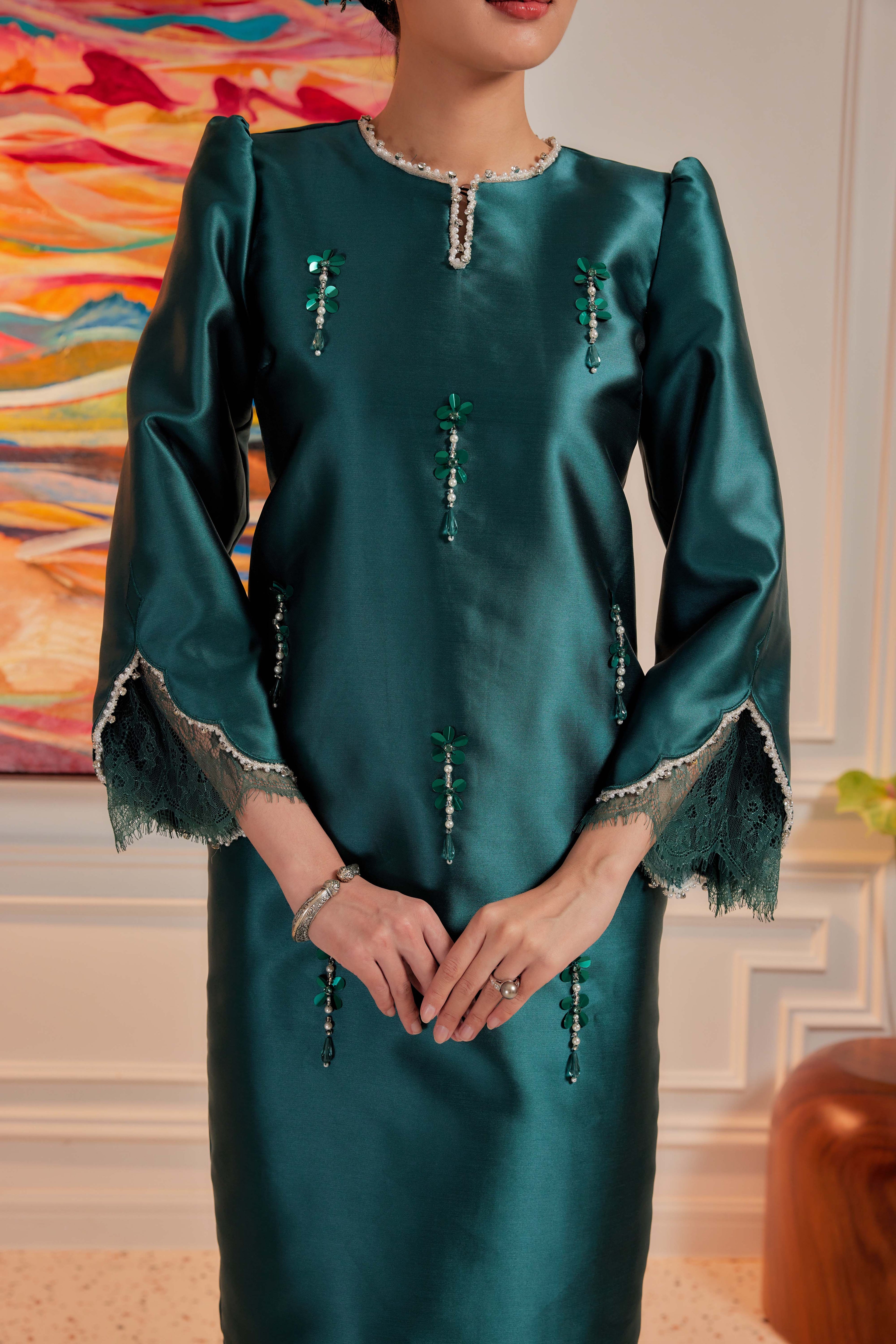 Emerald Teal - Ratu Embellished Kurung (Fully Lined)