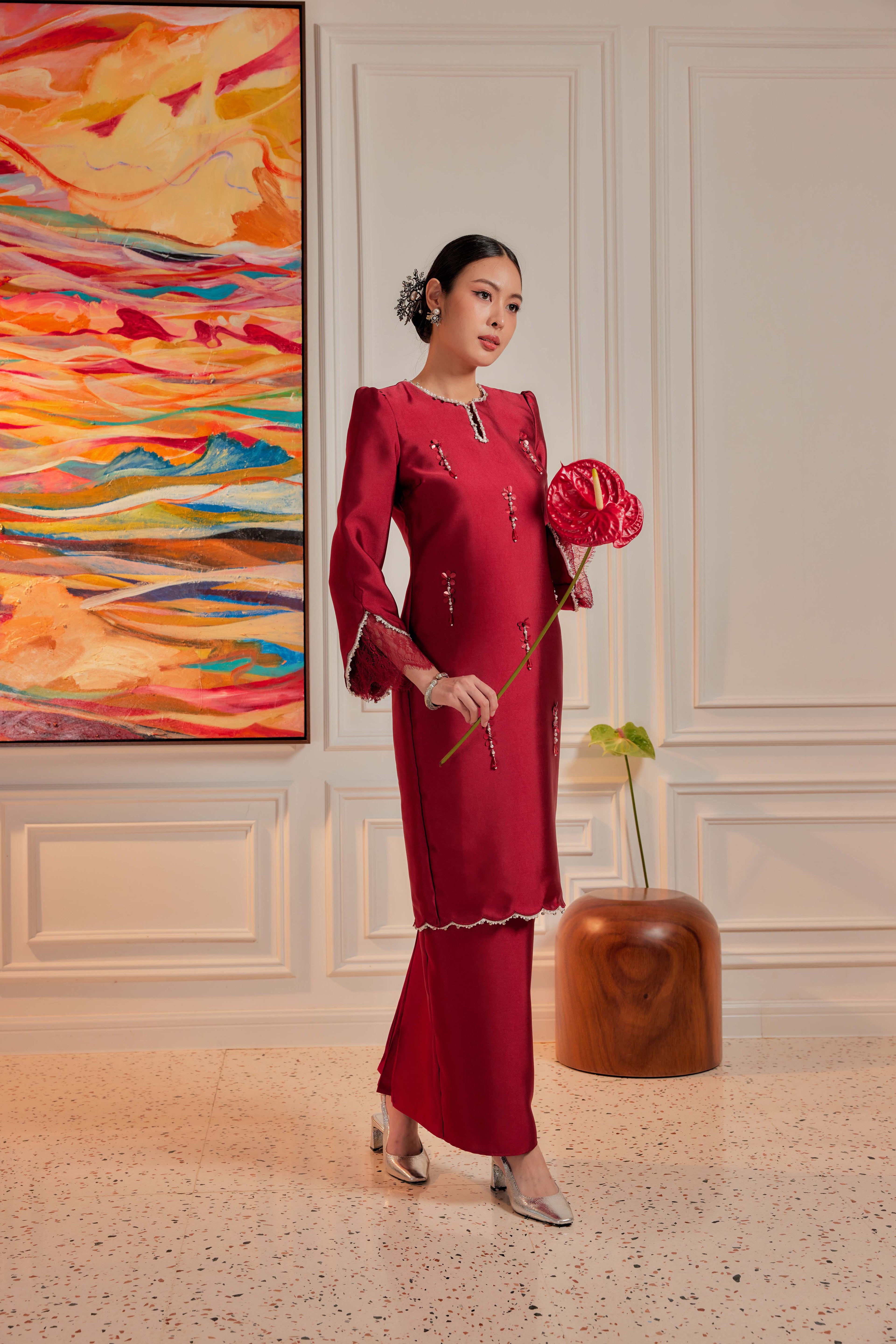 Blood Maroon - Ratu Embellished Kurung (Fully Lined)
