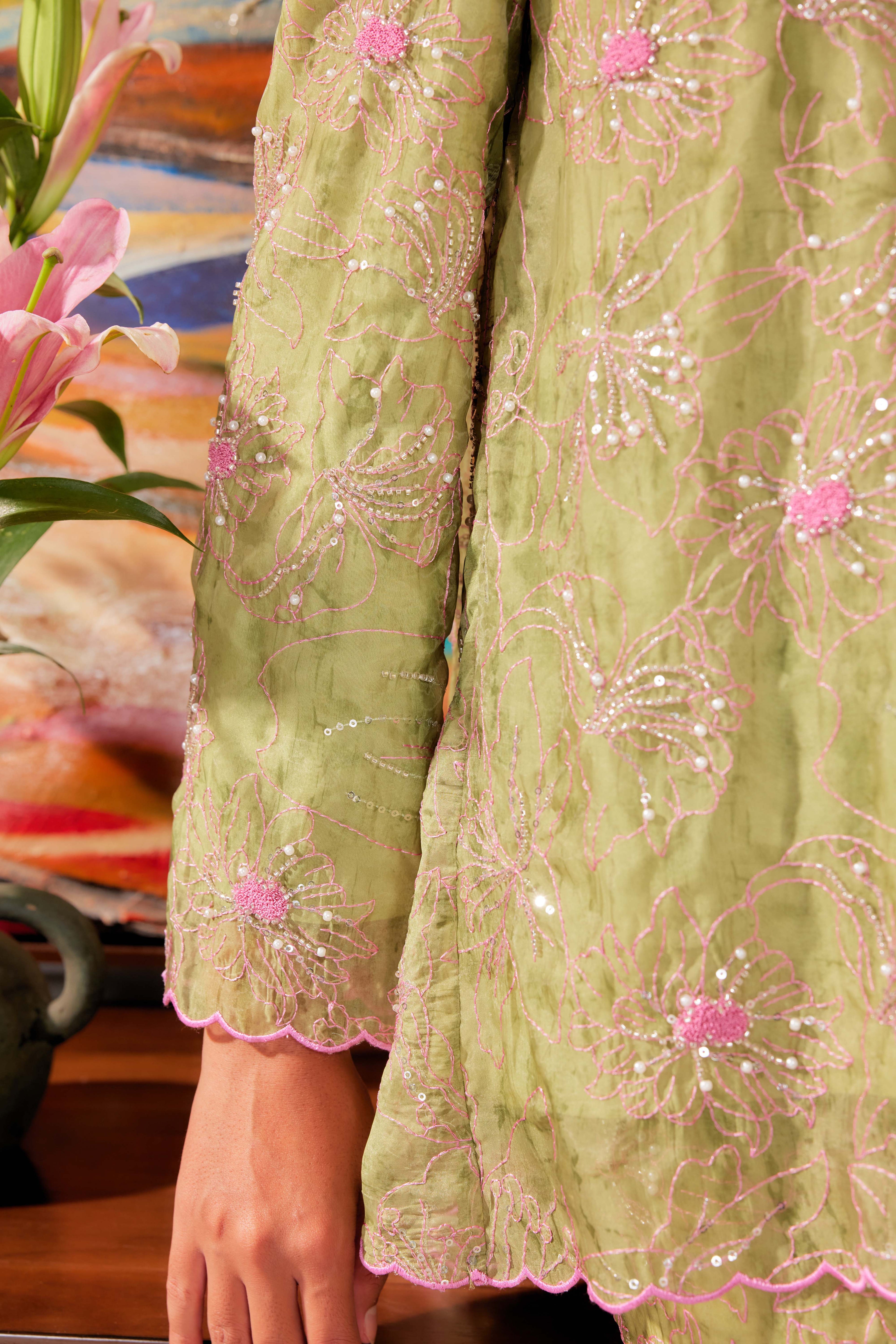 Strawberry Matcha - Nona Pearl Beaded Embellished Kurung (Fully Lined)