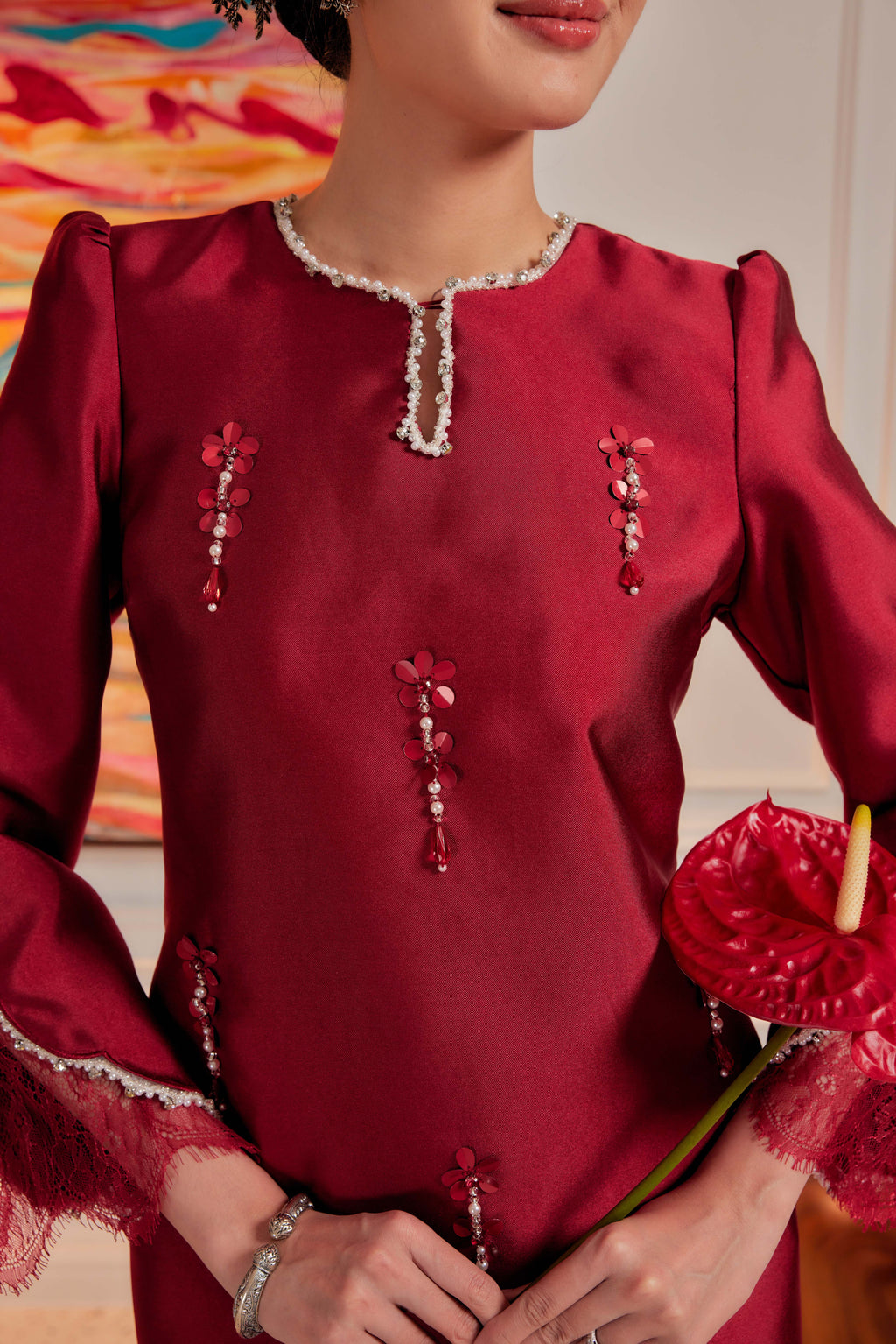 Blood Maroon - Ratu Embellished Kurung (Fully Lined)
