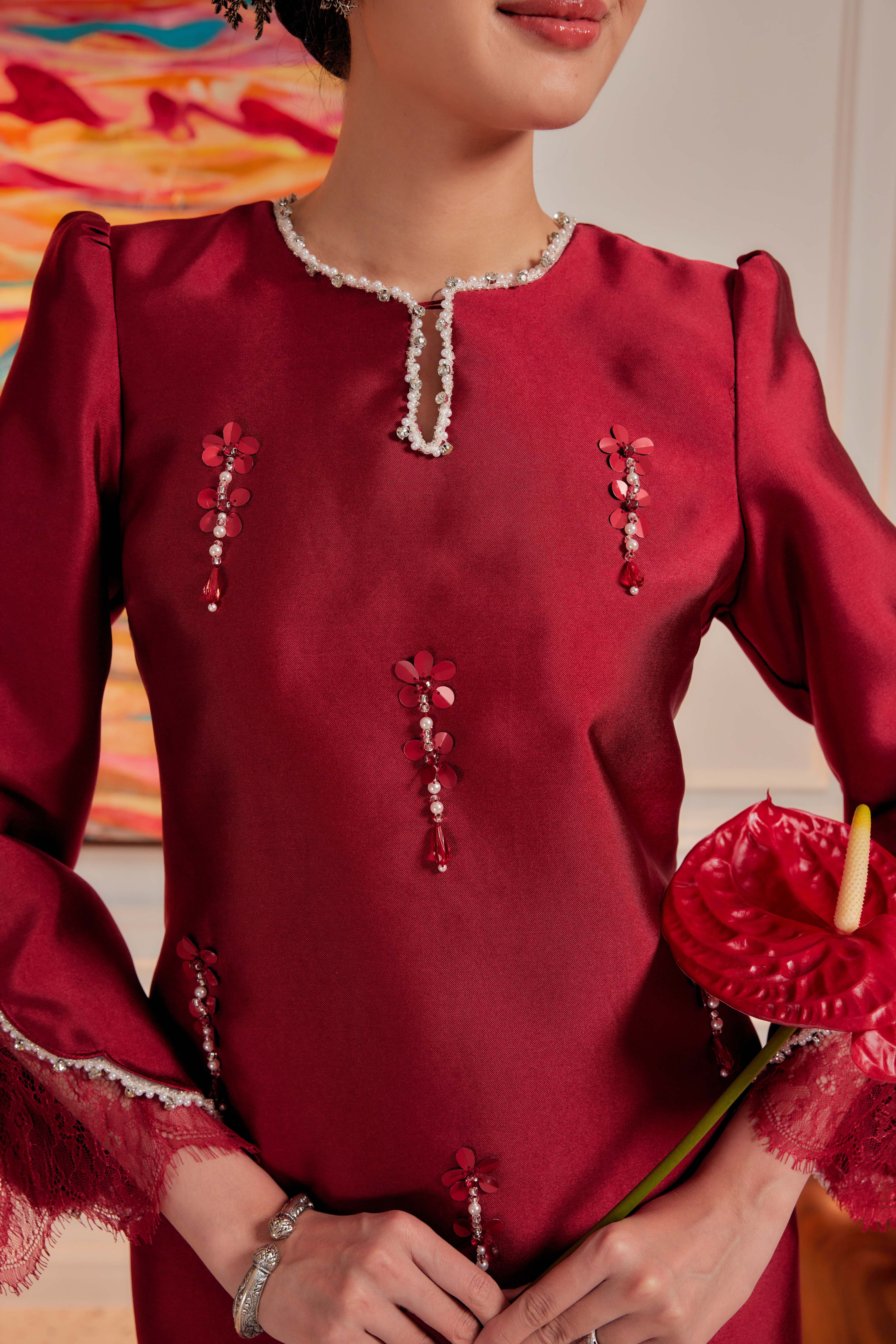 Blood Maroon - Ratu Embellished Kurung (Fully Lined)