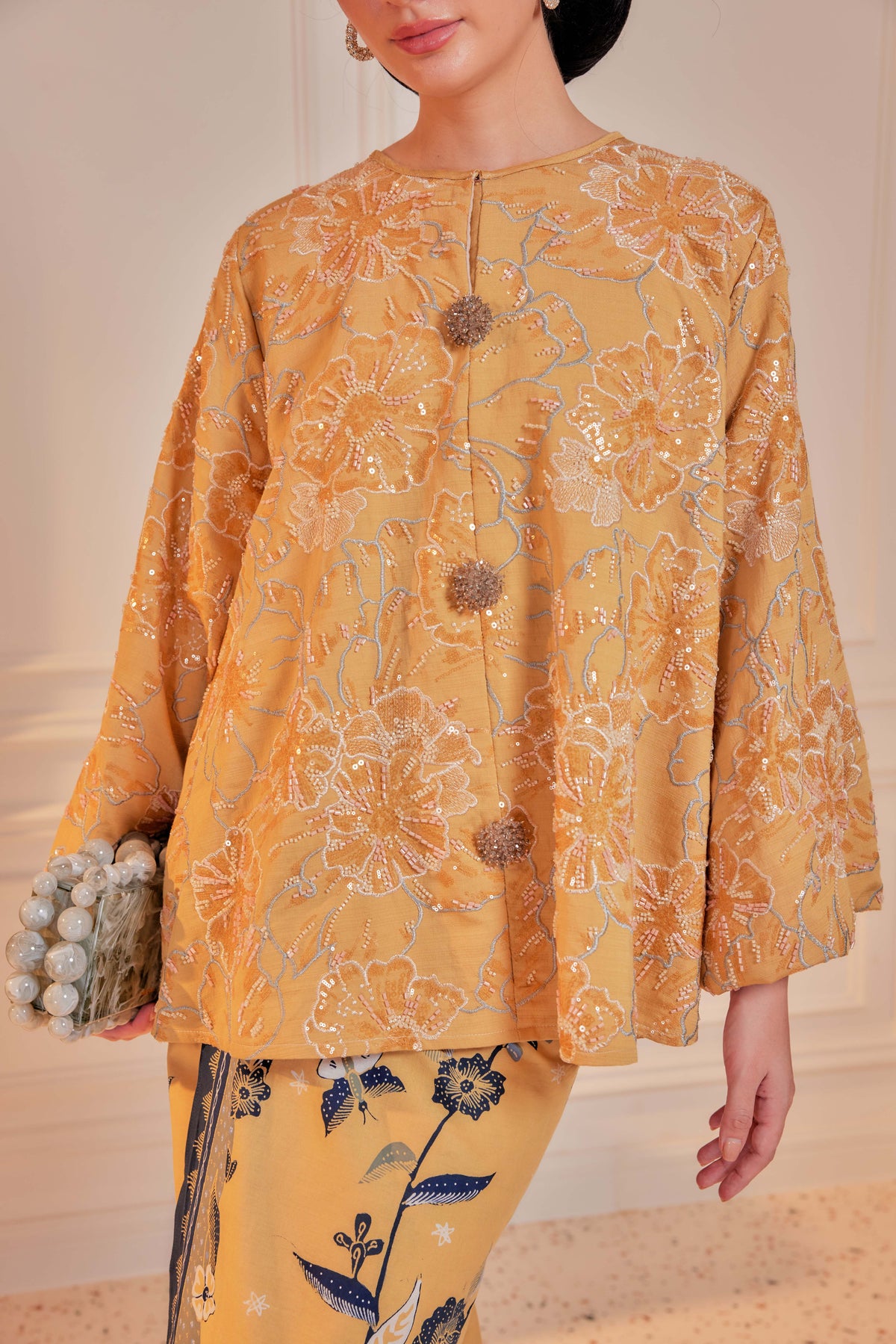 Mekar Full Beaded & Embroidered Top in Amber