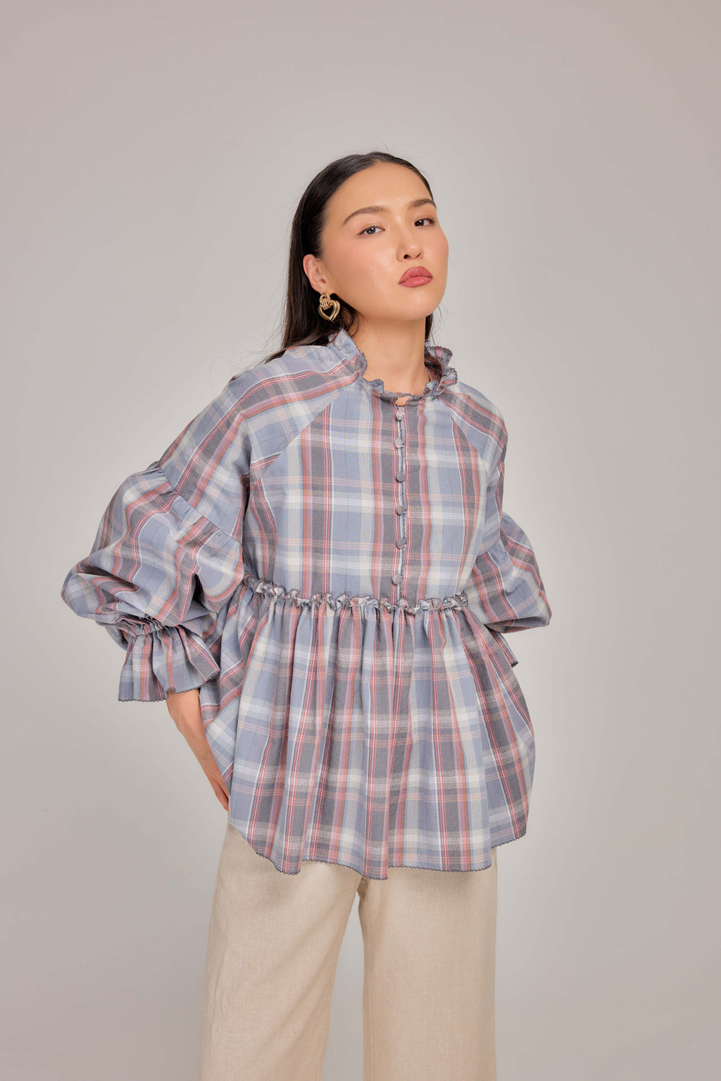 02 - Ash Blue Rose - Crochet Gathered Cotton Tie Waist Top