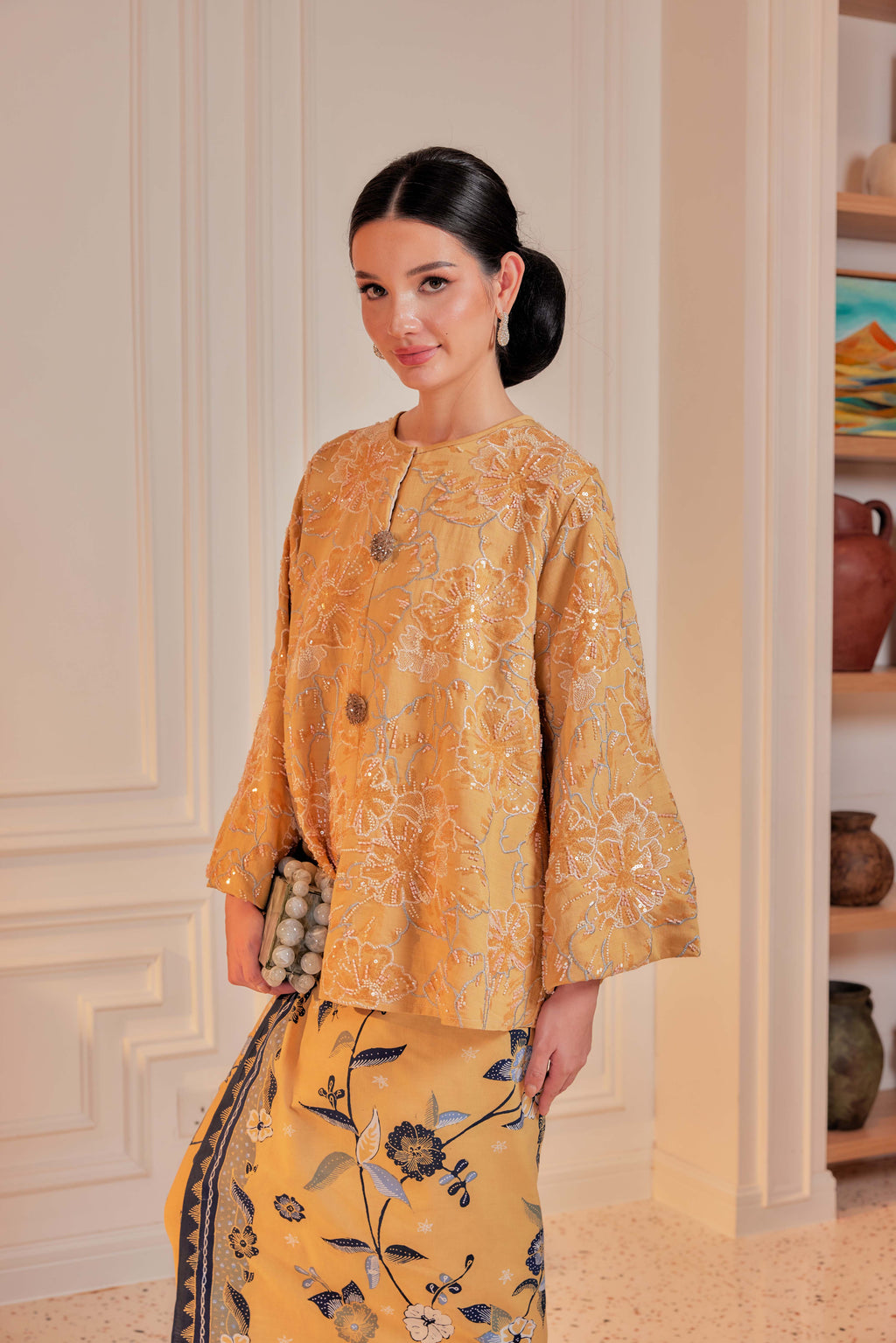 Mekar Full Beaded & Embroidered Top in Amber