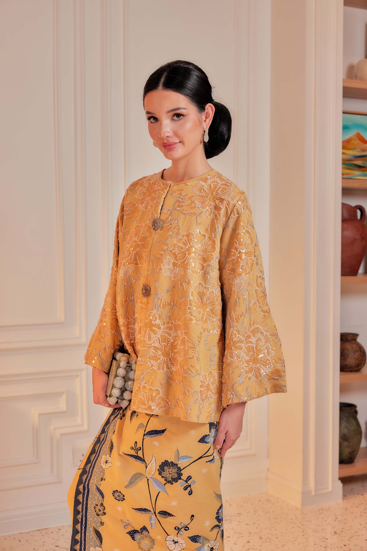 Mekar Full Beaded & Embroidered Top in Amber