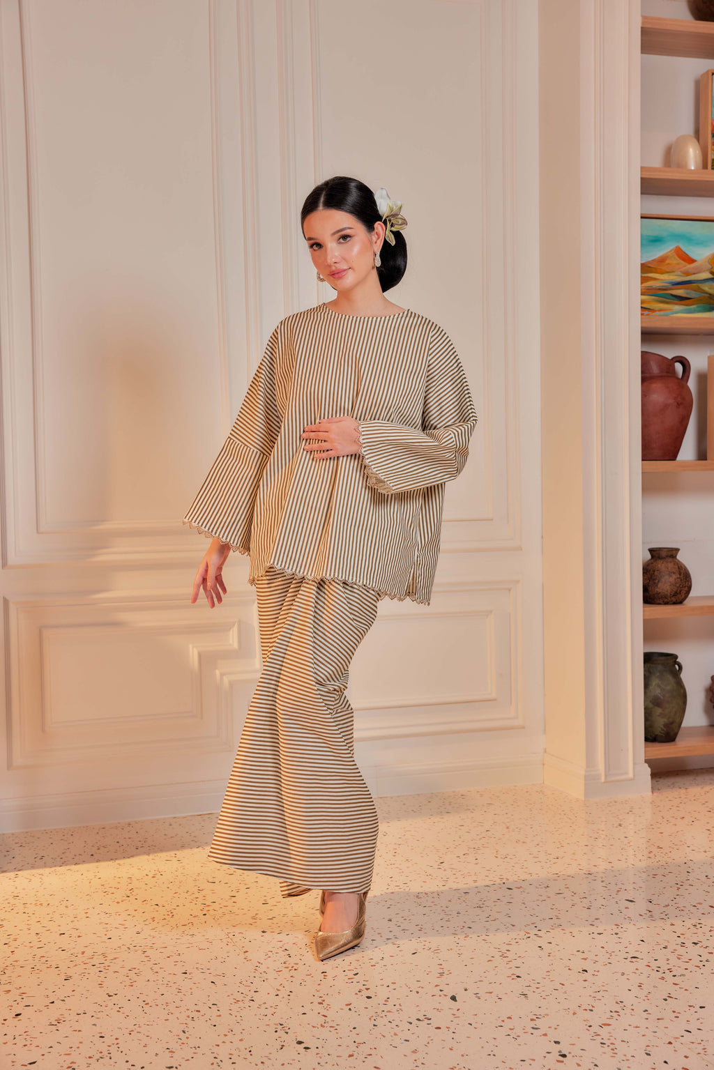 Kencana-Cotton Striped Kurung with Lace Trim Set