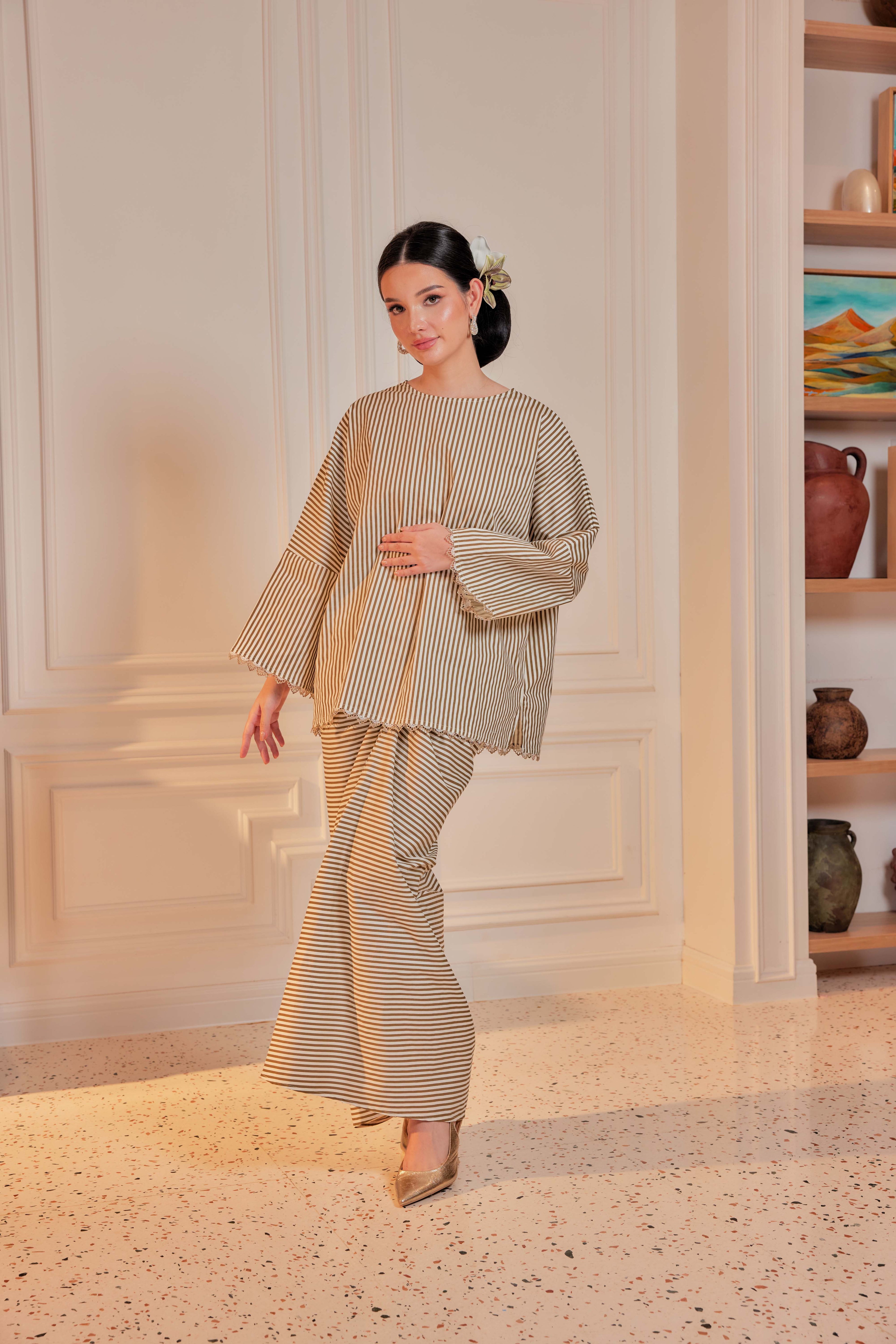 Kencana-Cotton Striped Kurung with Lace Trim Set