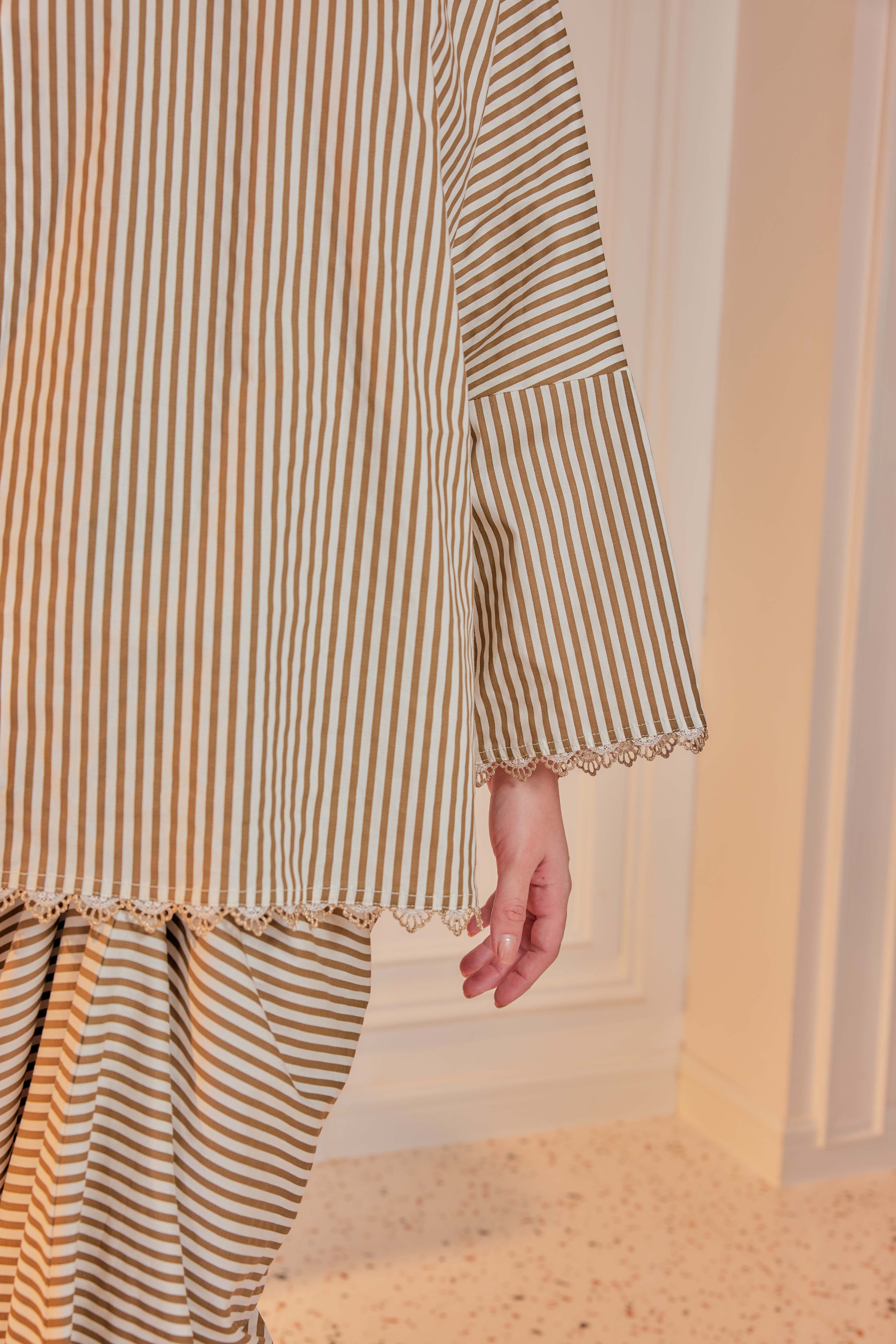 Kencana-Cotton Striped Kurung with Lace Trim Set
