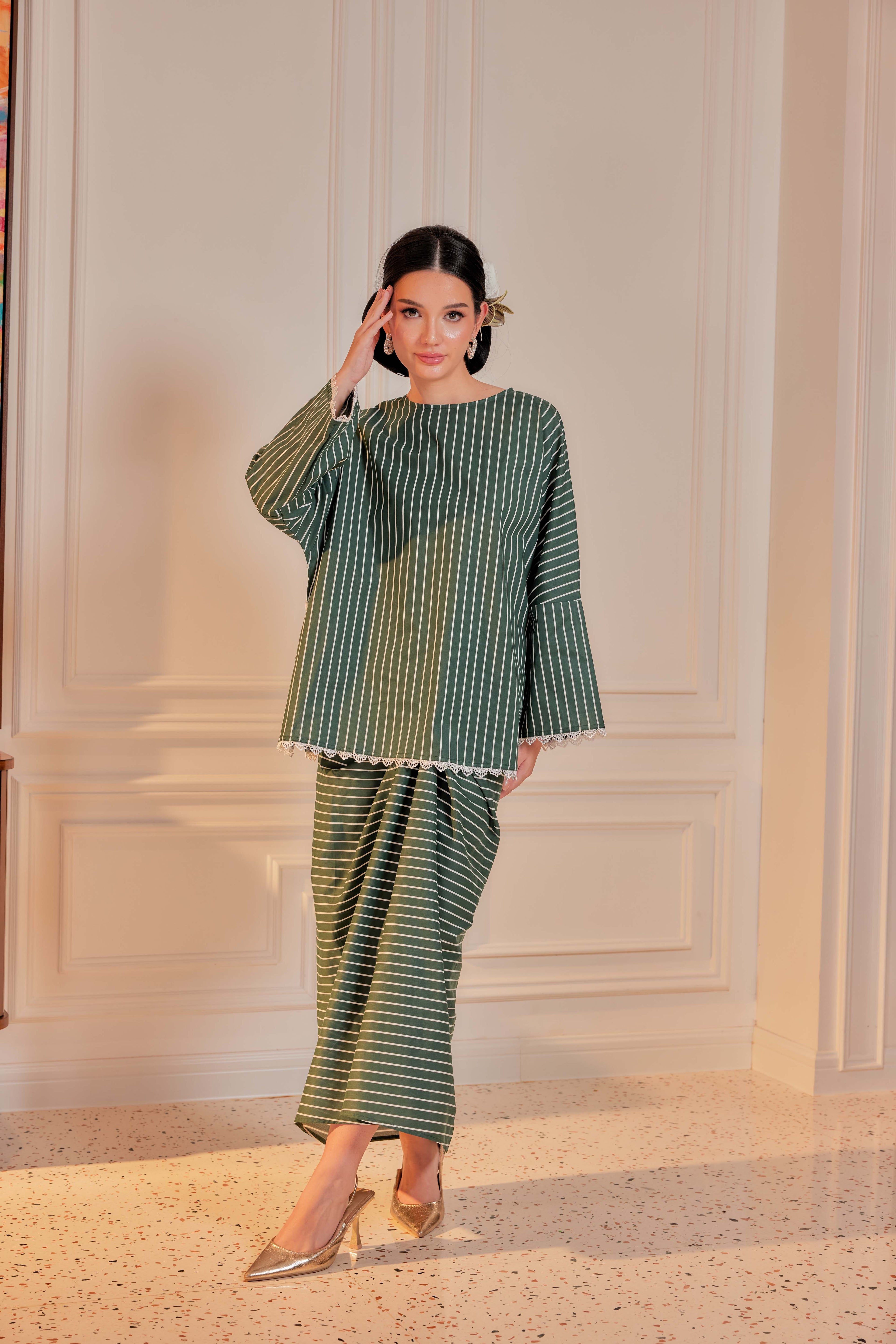 Paku Pakis-Cotton Striped Kurung with Lace Trim Set