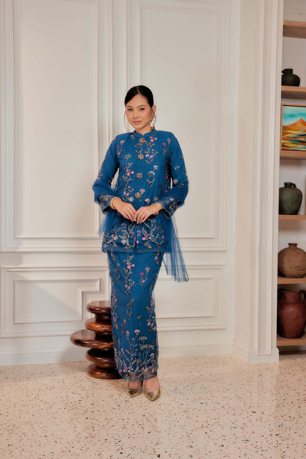 Teal Blue - Dian Embellished Kebarung with Embroidery Lace Trim  [PREORDER MID FEB]