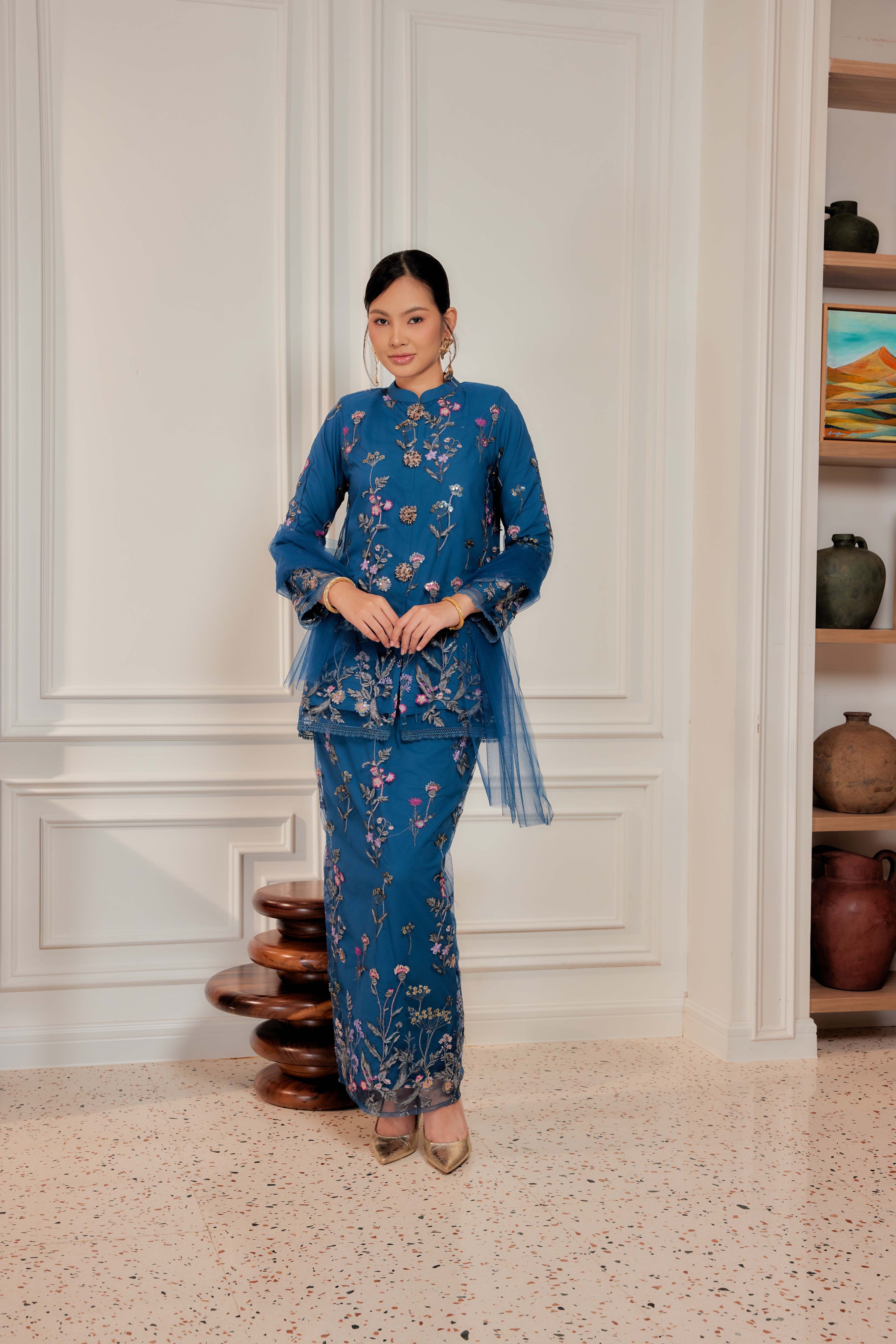 Teal Blue - Dian Embellished Kebarung with Embroidery Lace Trim  [PREORDER MID FEB]