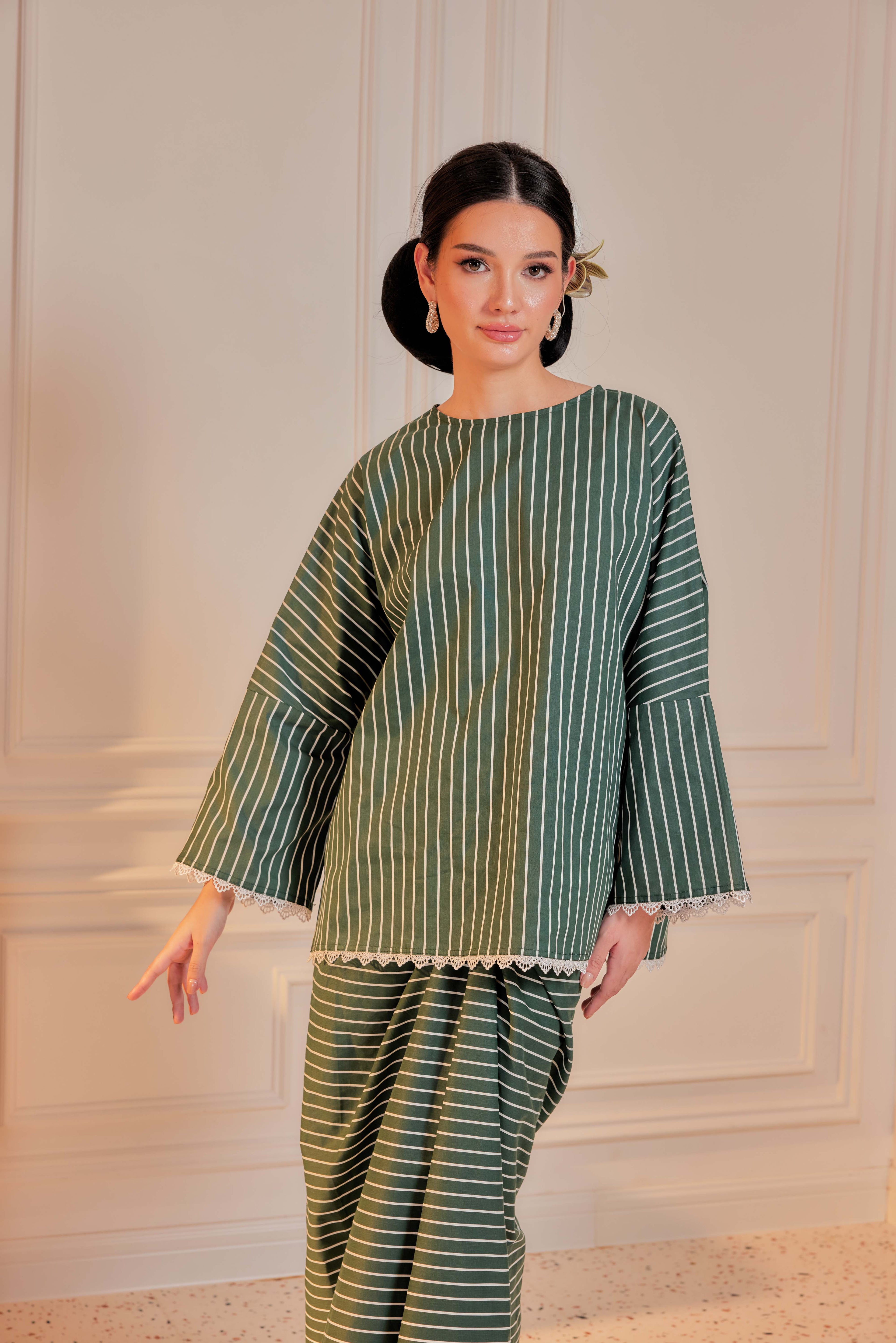 Paku Pakis-Cotton Striped Kurung with Lace Trim Set