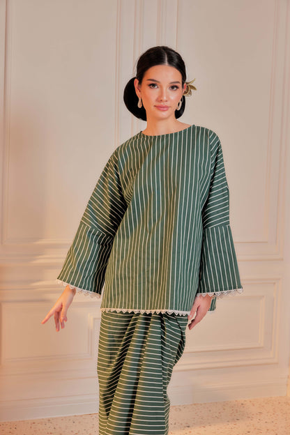 Paku Pakis-Cotton Striped Kurung with Lace Trim Set