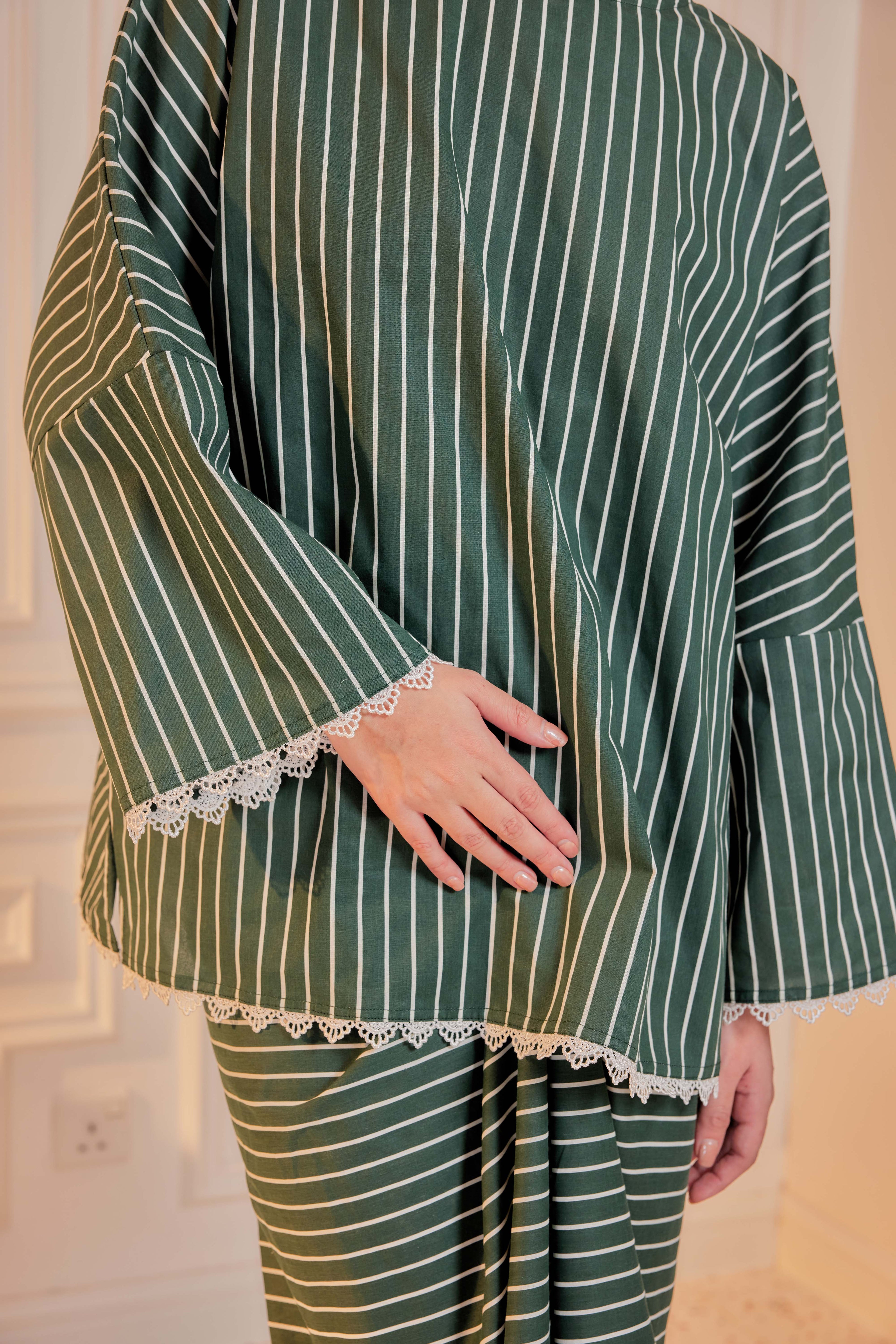 Paku Pakis-Cotton Striped Kurung with Lace Trim Set