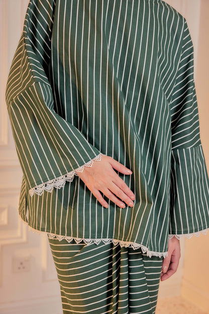 Paku Pakis-Cotton Striped Kurung with Lace Trim Set
