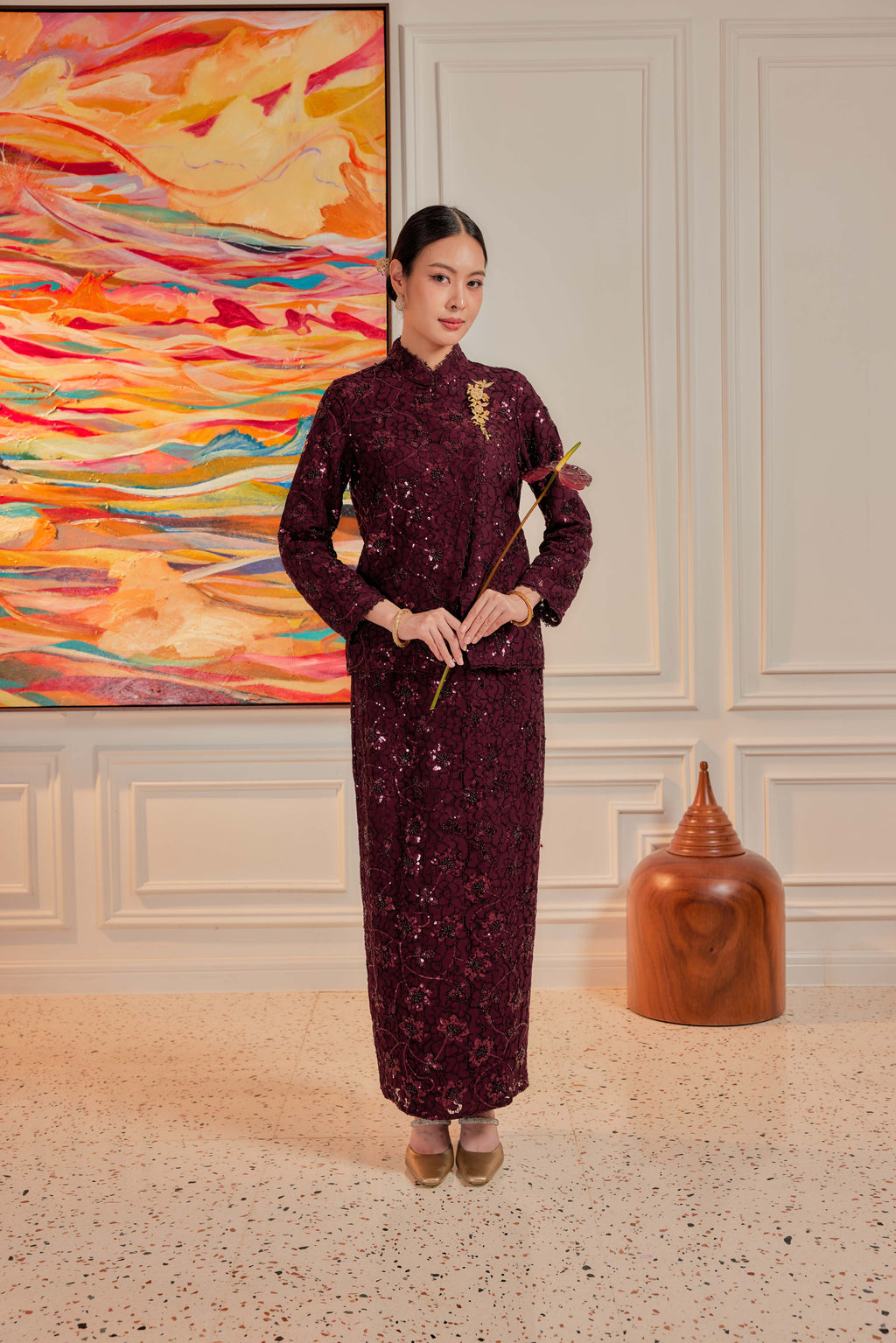 Burgundy Plum - Janggan Beaded Lace Kebaya (Fully Lined)