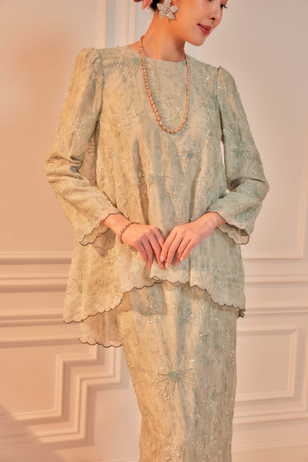 Sage Matcha - Nona Pearl Beaded Embellished Kurung (Fully Lined)