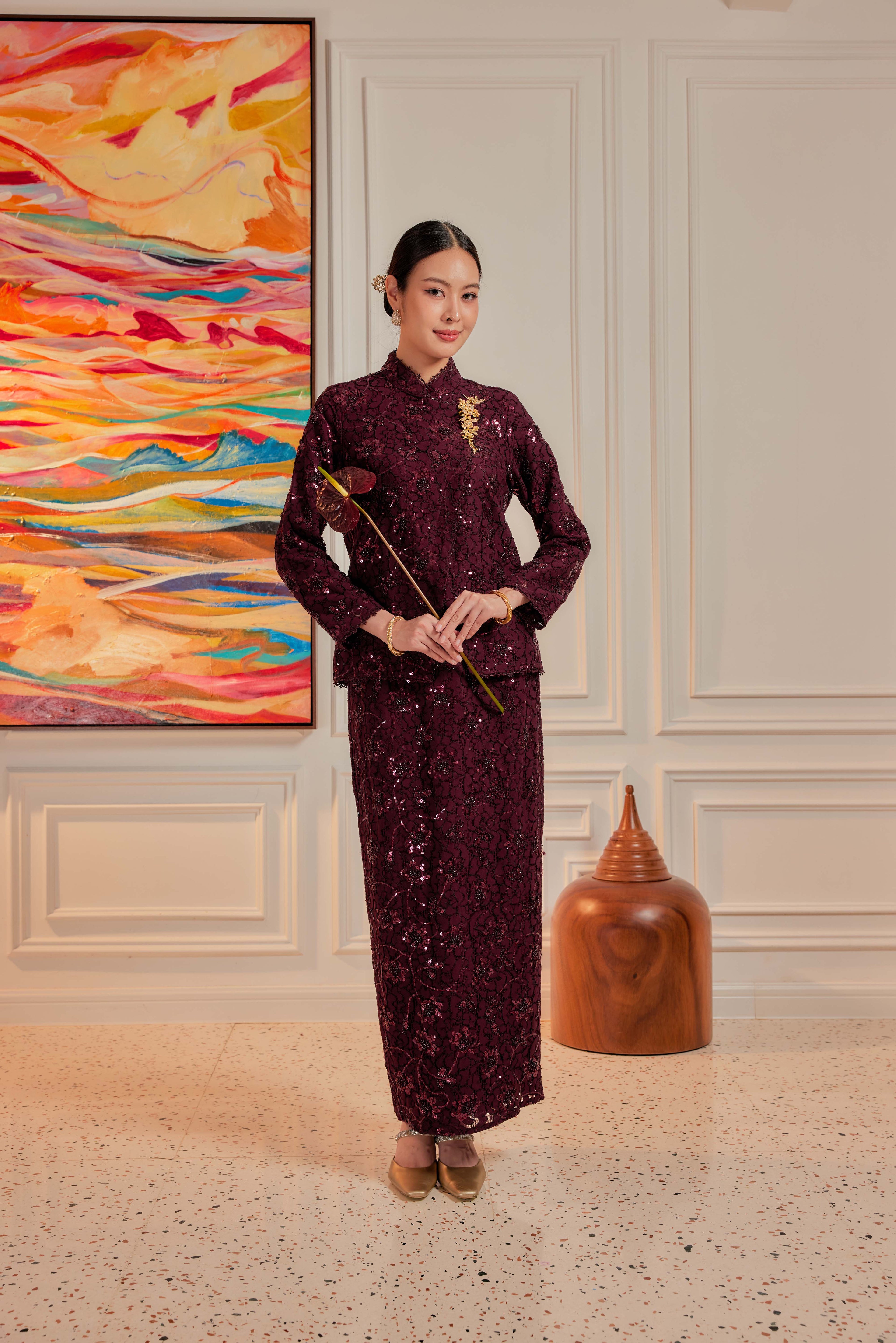 Burgundy Plum - Janggan Beaded Lace Kebaya (Fully Lined)