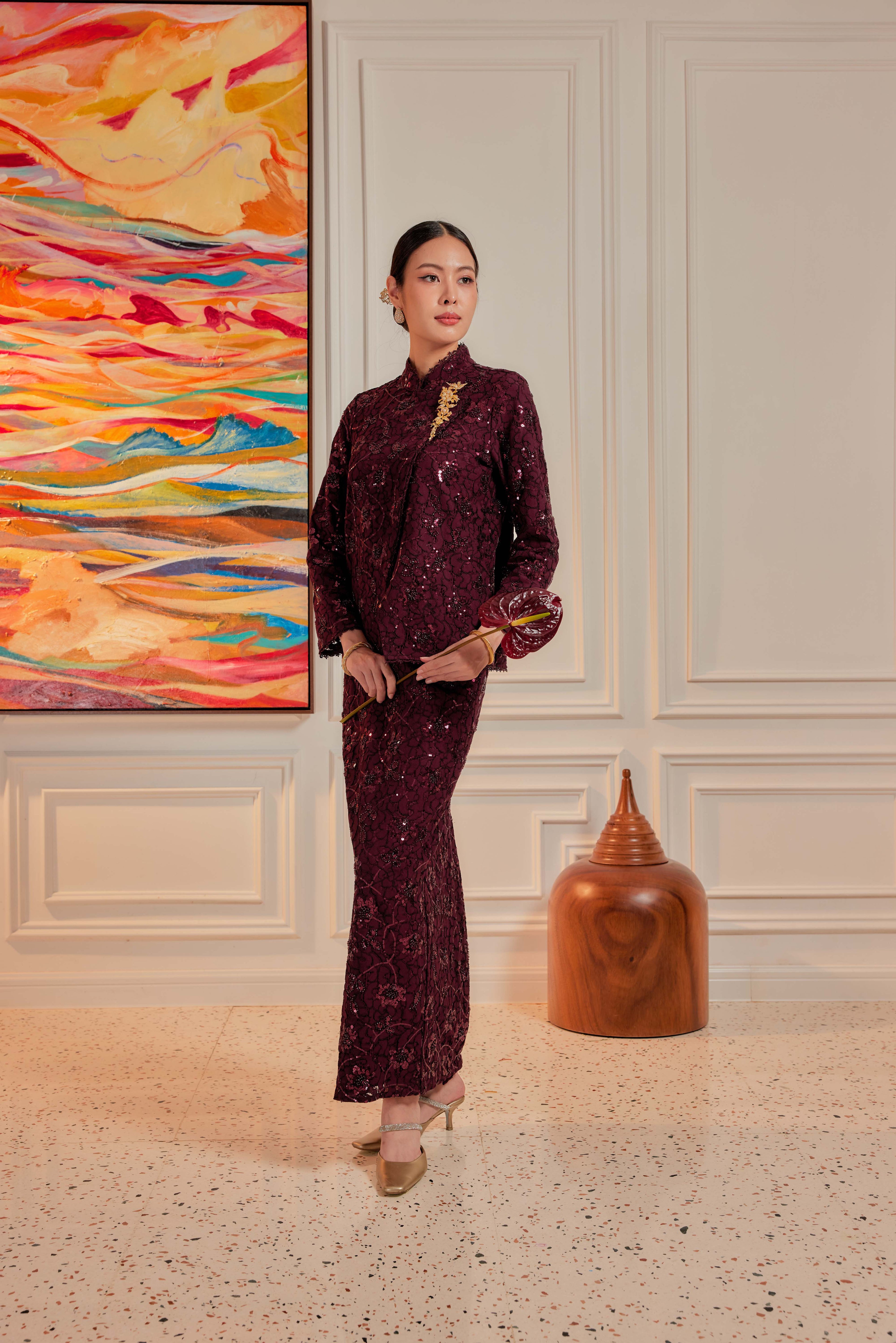 Burgundy Plum - Janggan Beaded Lace Kebaya (Fully Lined)