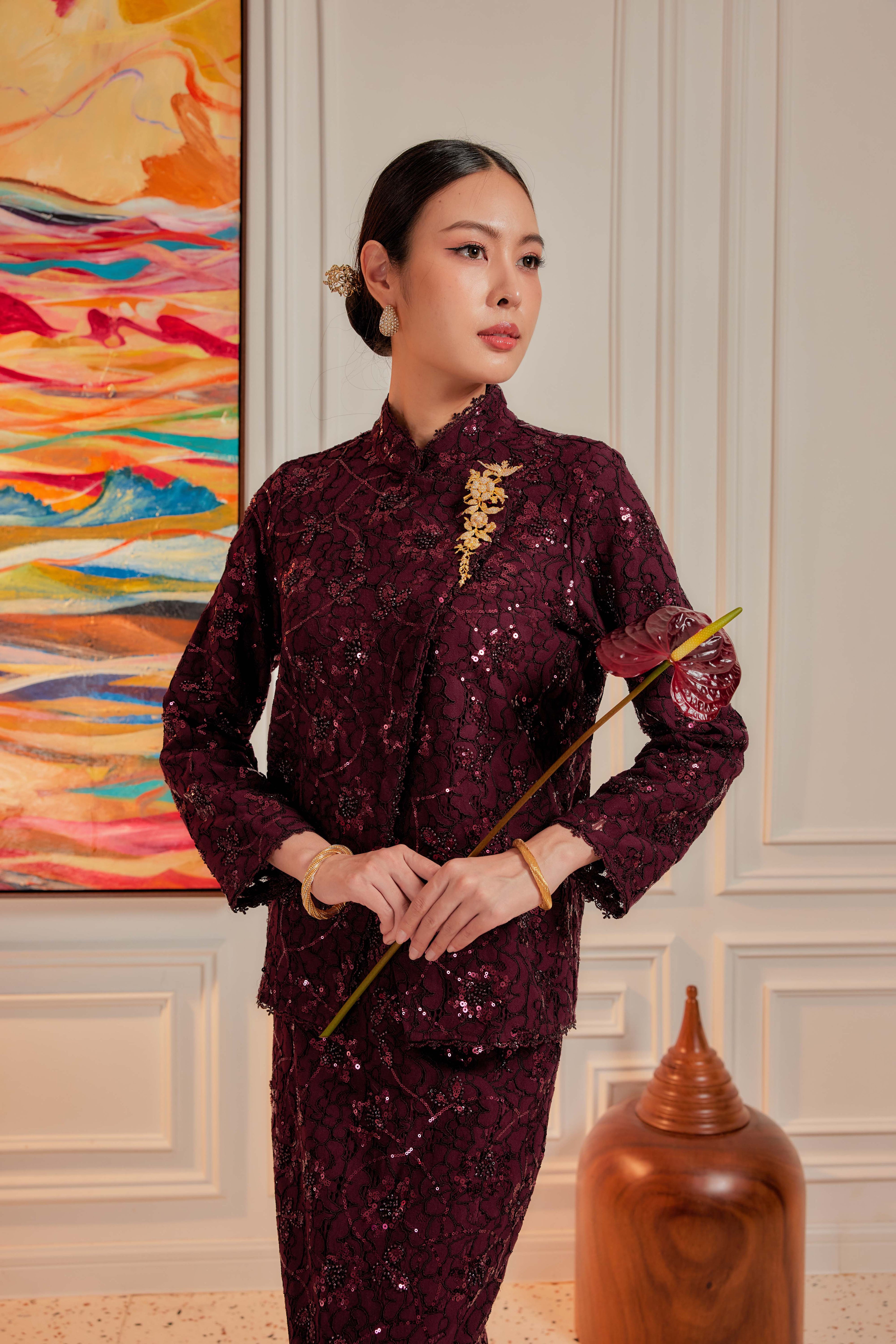 Burgundy Plum - Janggan Beaded Lace Kebaya (Fully Lined)