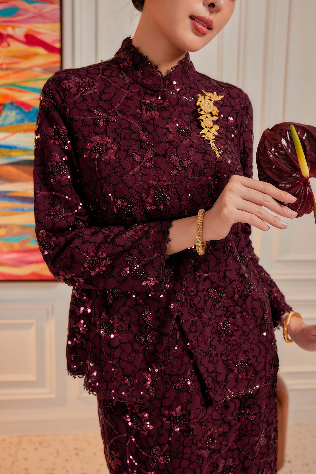 Burgundy Plum - Janggan Beaded Lace Kebaya (Fully Lined)
