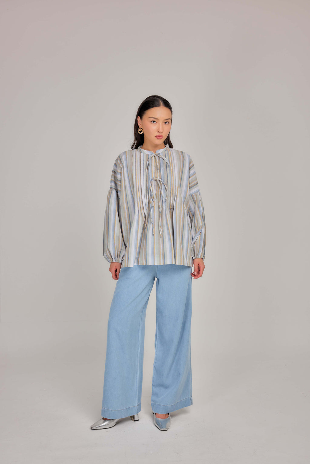 09 - Seaside Oat - Pleated Relaxed Fit Cotton Tie Front Blouse