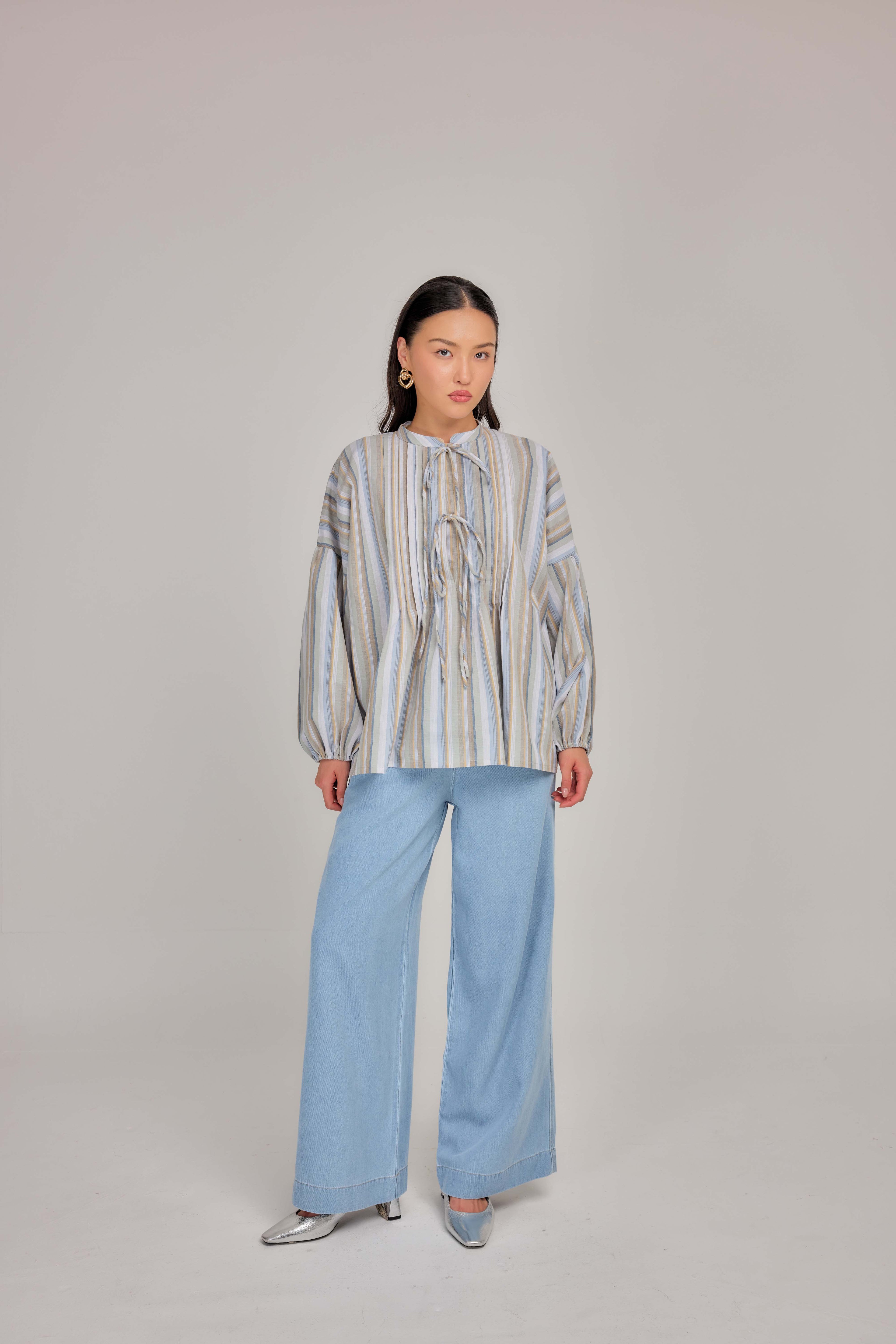 09 - Seaside Oat - Pleated Relaxed Fit Cotton Tie Front Blouse