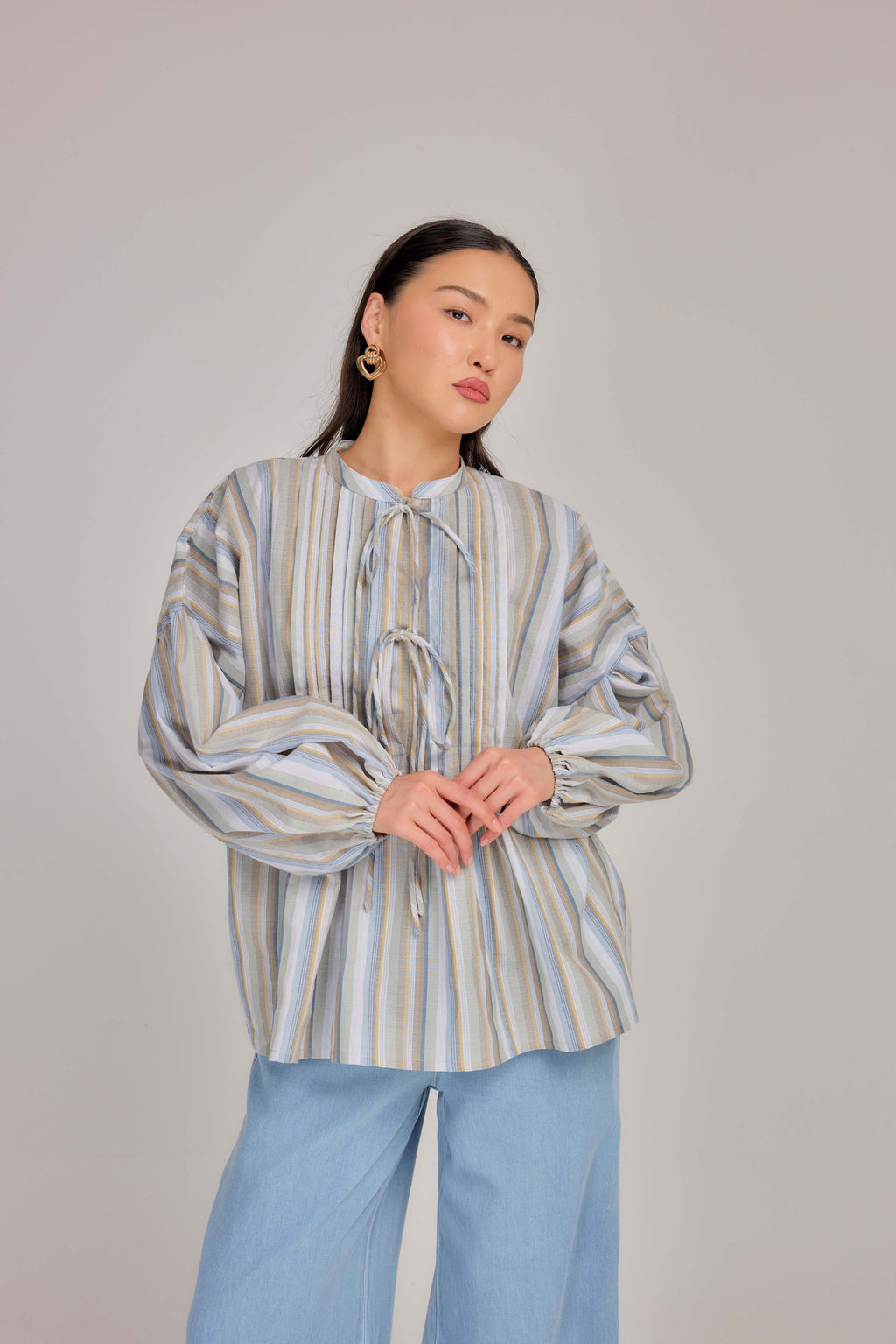 09 - Seaside Oat - Pleated Relaxed Fit Cotton Tie Front Blouse