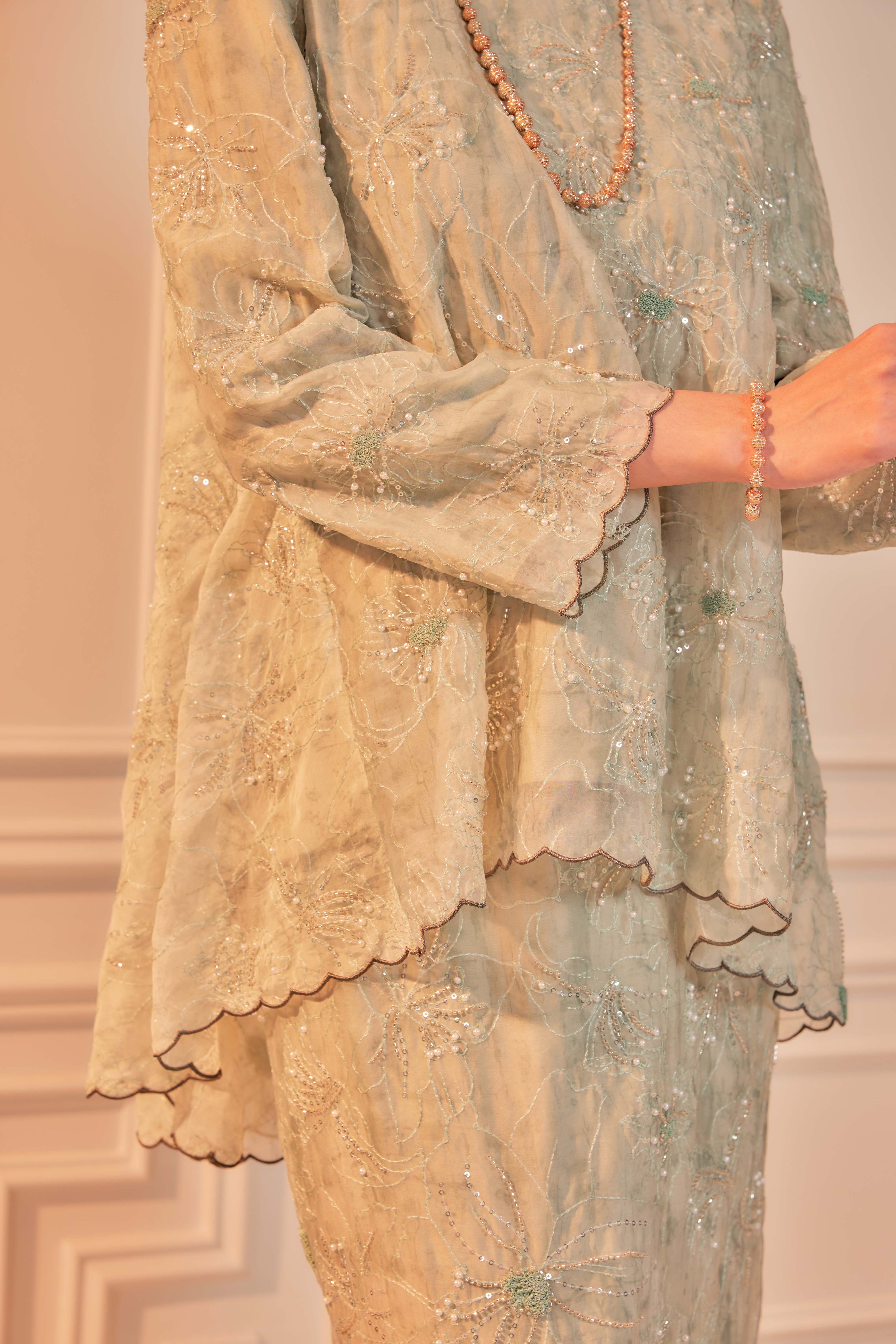 Sage Matcha - Nona Pearl Beaded Embellished Kurung (Fully Lined)