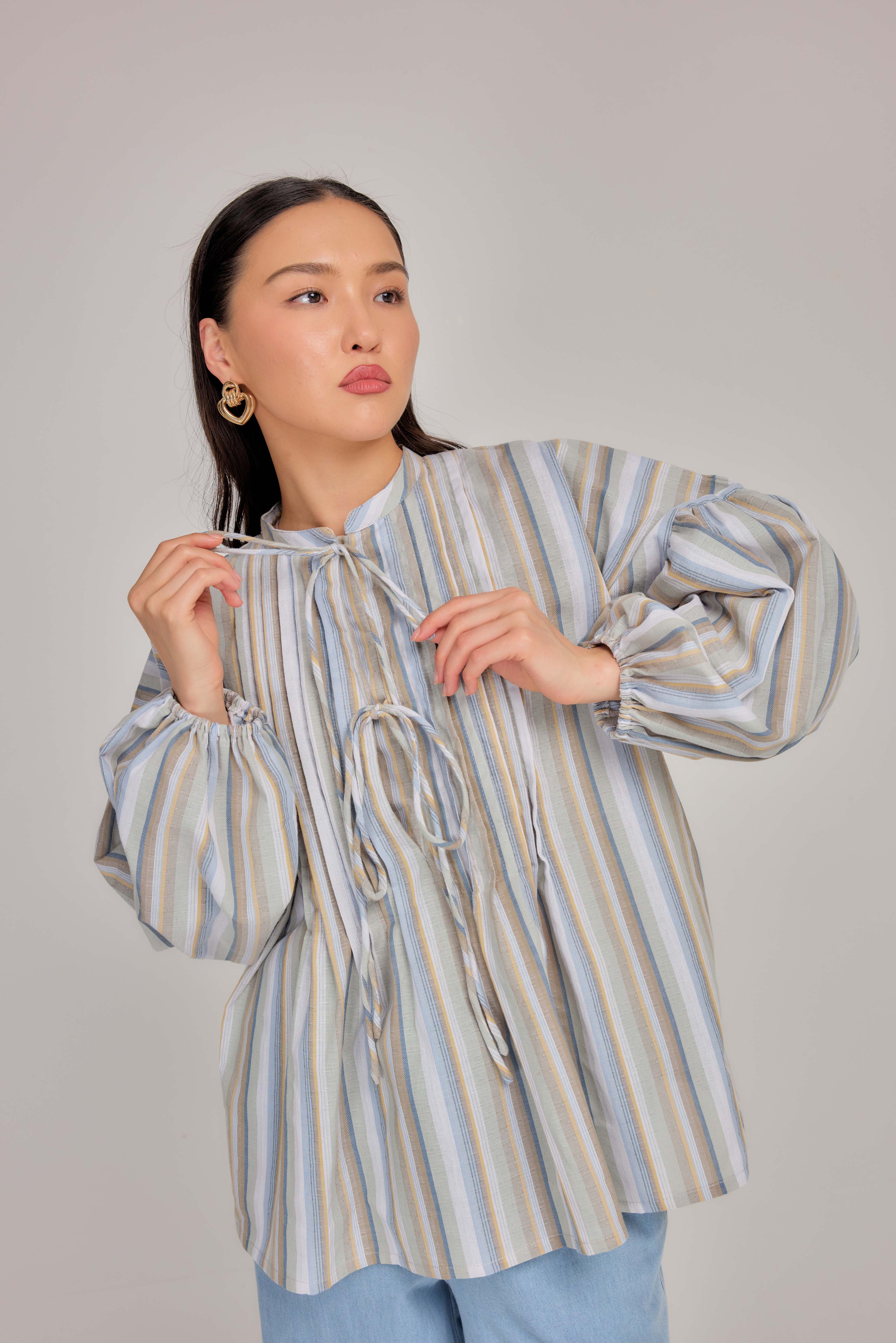 09 - Seaside Oat - Pleated Relaxed Fit Cotton Tie Front Blouse