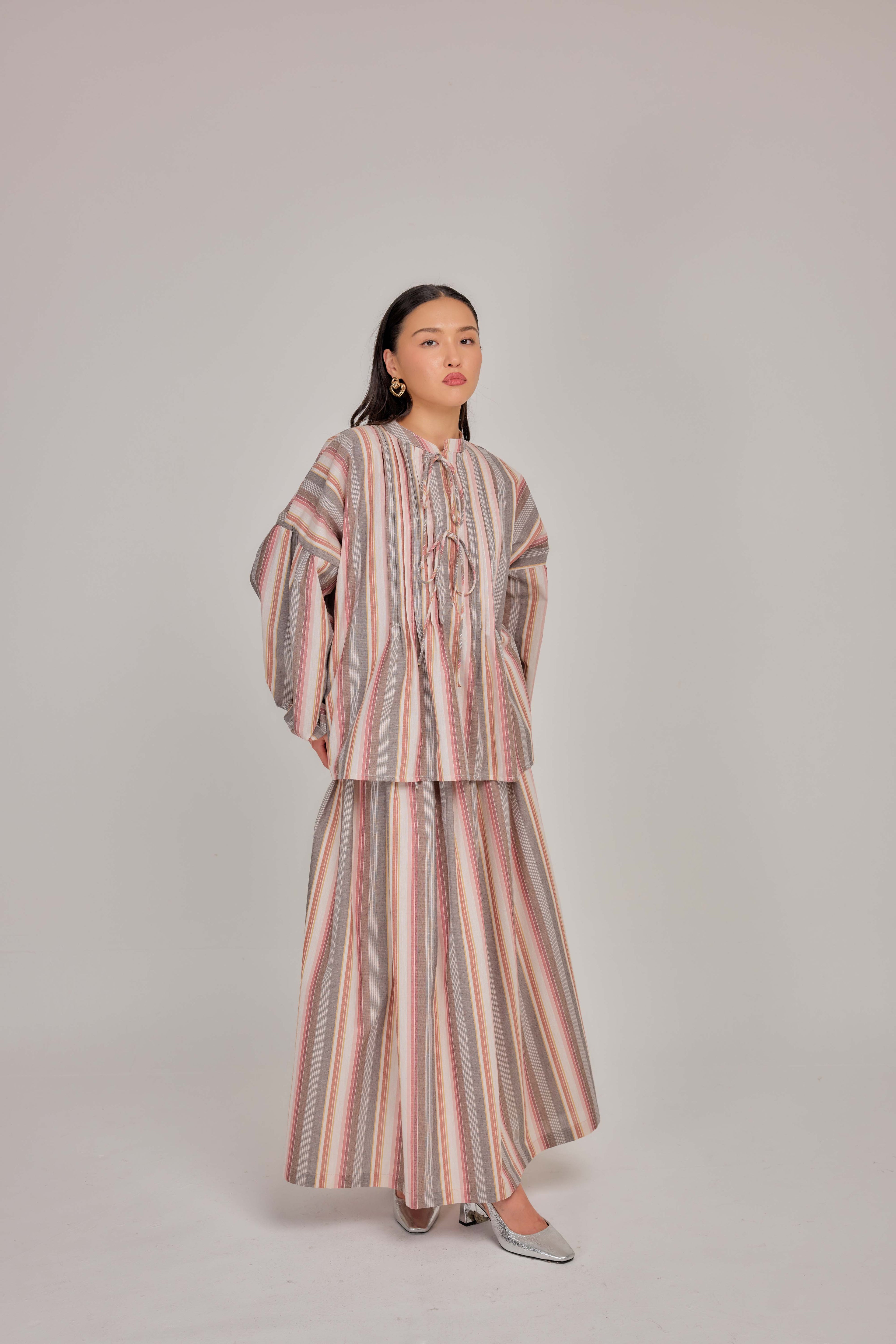 08 - Vintage Stripe -  Pleated Relaxed Fit Cotton Tie Front Blouse