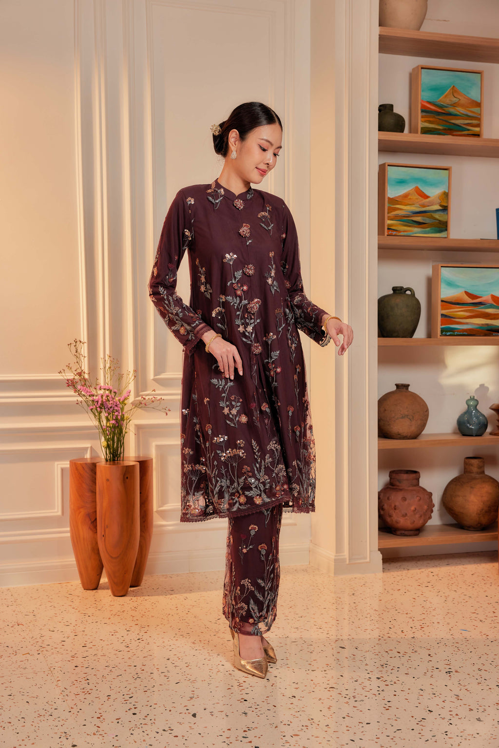Dark Cherry Burgundy - Dian Embellished Kebarung with Embroidery Lace Trim