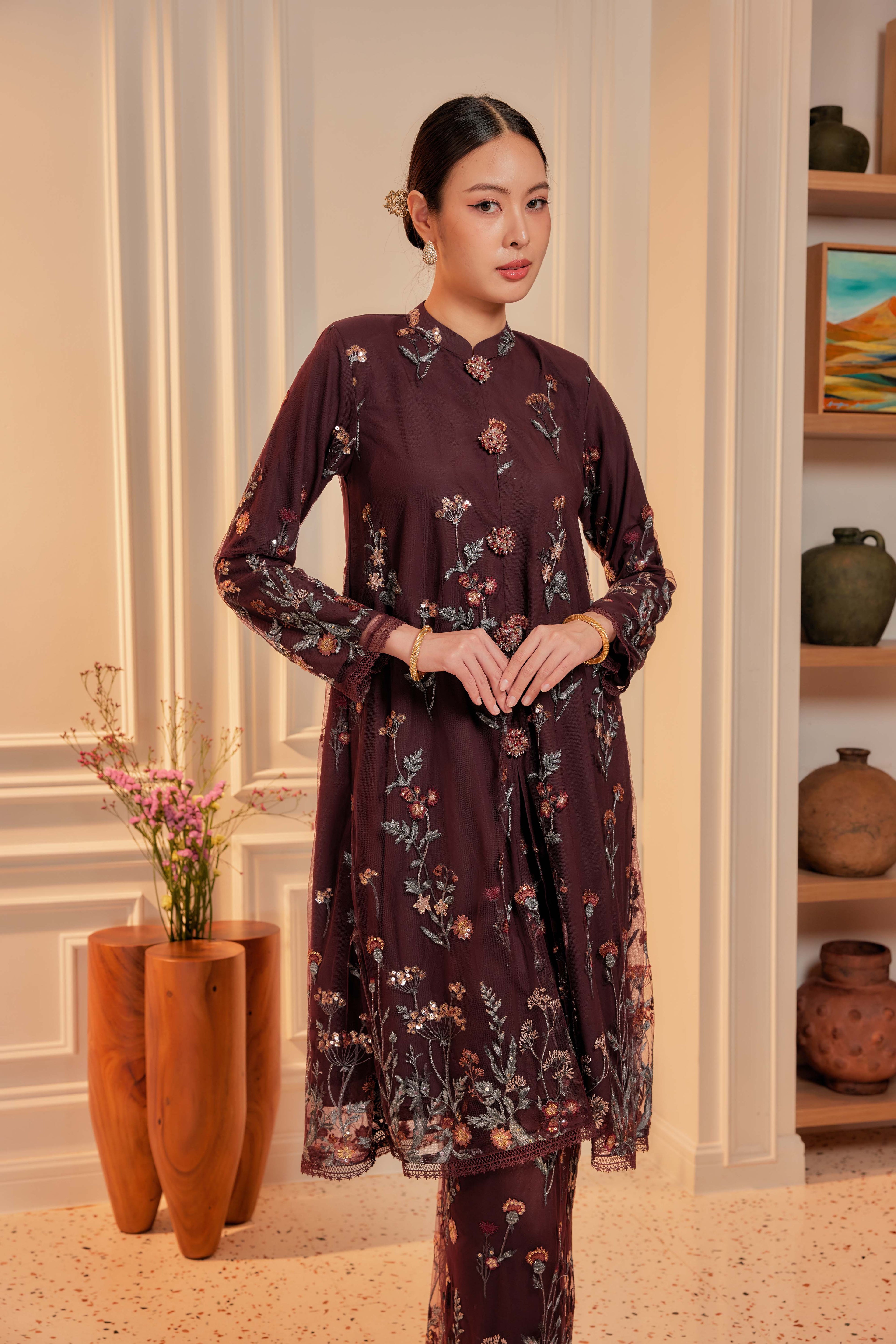 Dark Cherry Burgundy - Dian Embellished Kebarung with Embroidery Lace Trim  [PREORDER MID FEB]