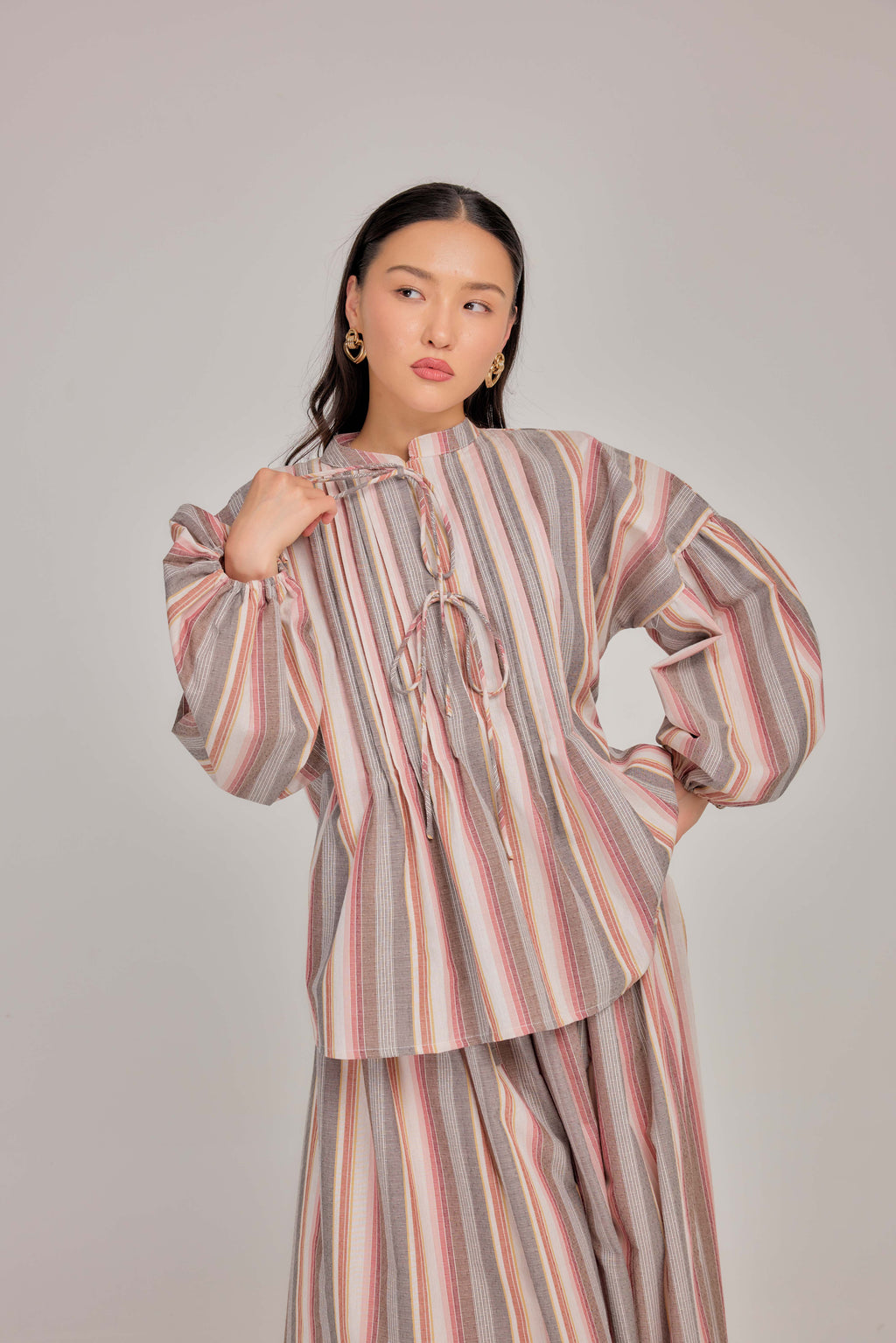 08 - Vintage Stripe -  Pleated Relaxed Fit Cotton Tie Front Blouse