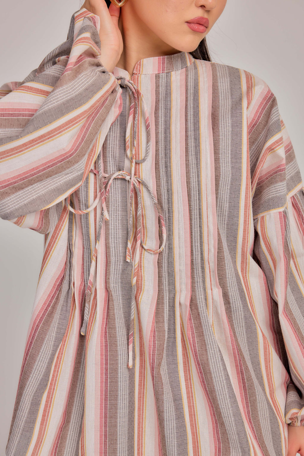 08 - Vintage Stripe -  Pleated Relaxed Fit Cotton Tie Front Blouse