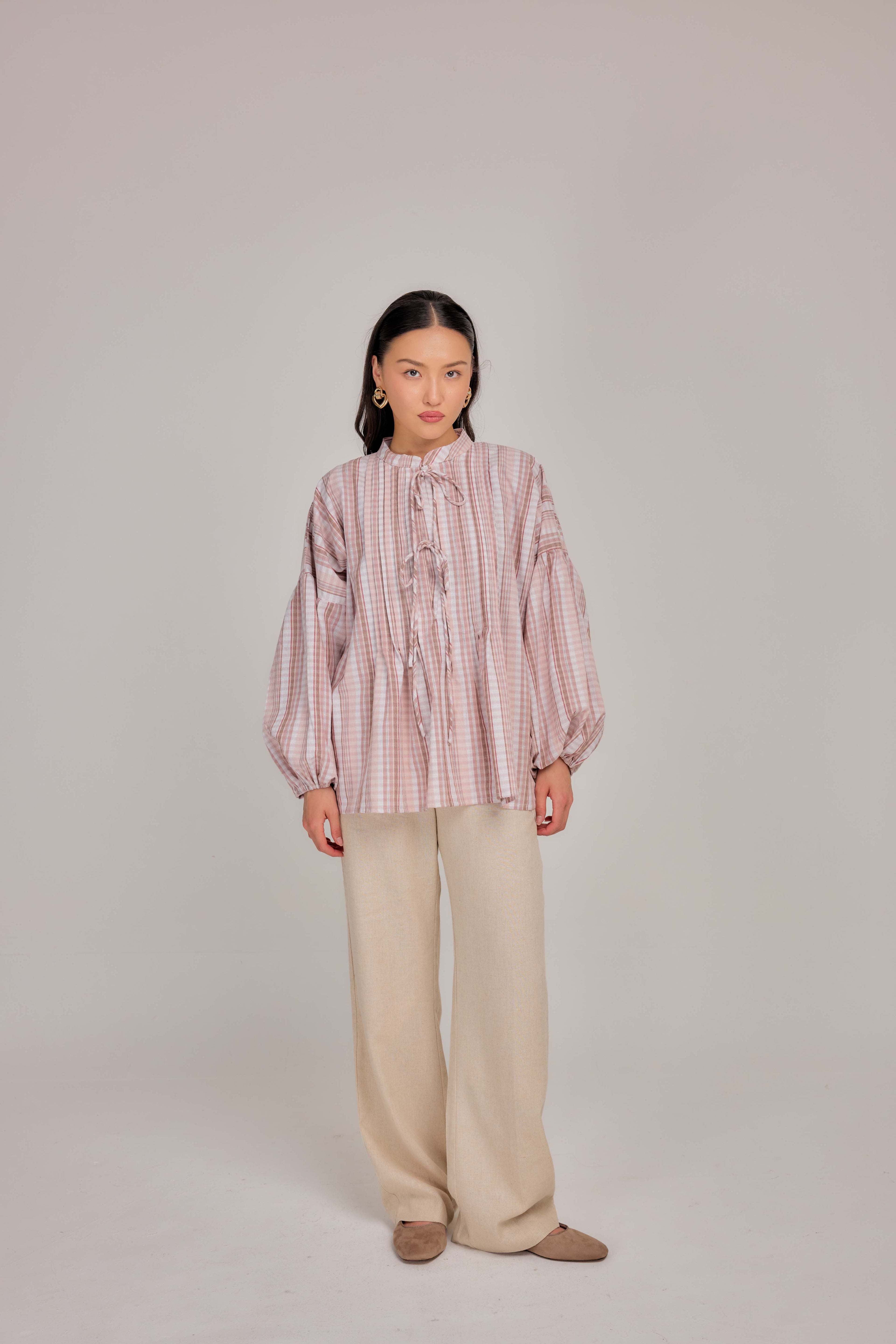 07 - Soft Peony -  Pleated Relaxed Fit Cotton Tie Front Blouse